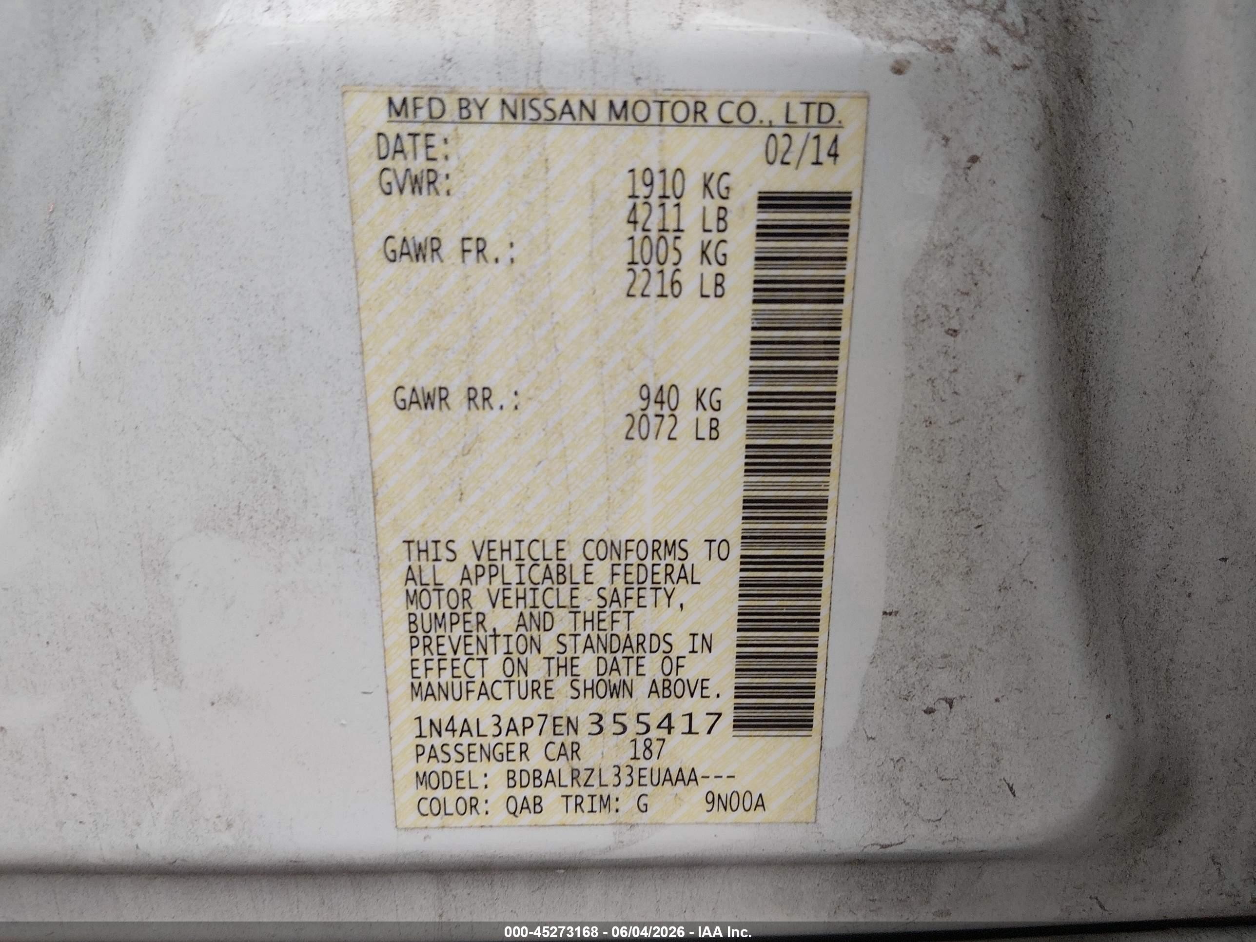 2014 Nissan Altima 2.5 S White vin: 1N4AL3AP7EN355417