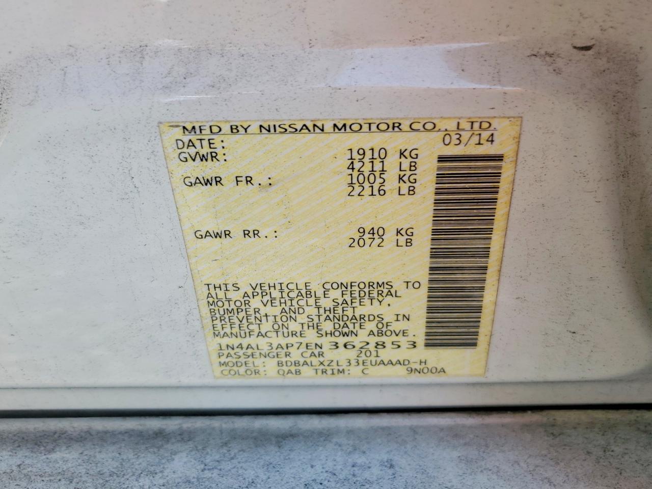 2014 Nissan Altima 2.5 Sl White vin: 1N4AL3AP7EN362853