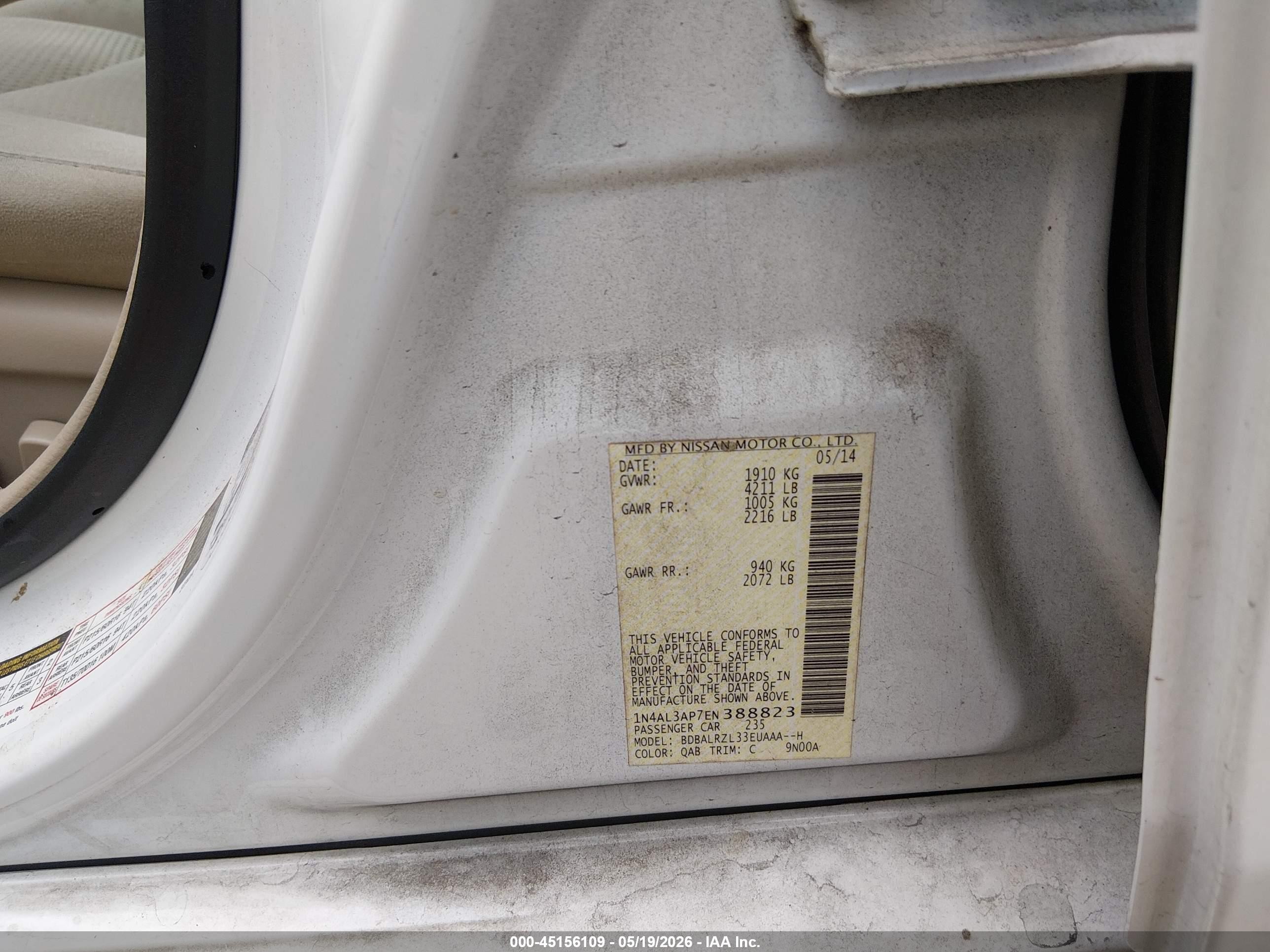 2014 Nissan Altima 2.5 S White vin: 1N4AL3AP7EN388823