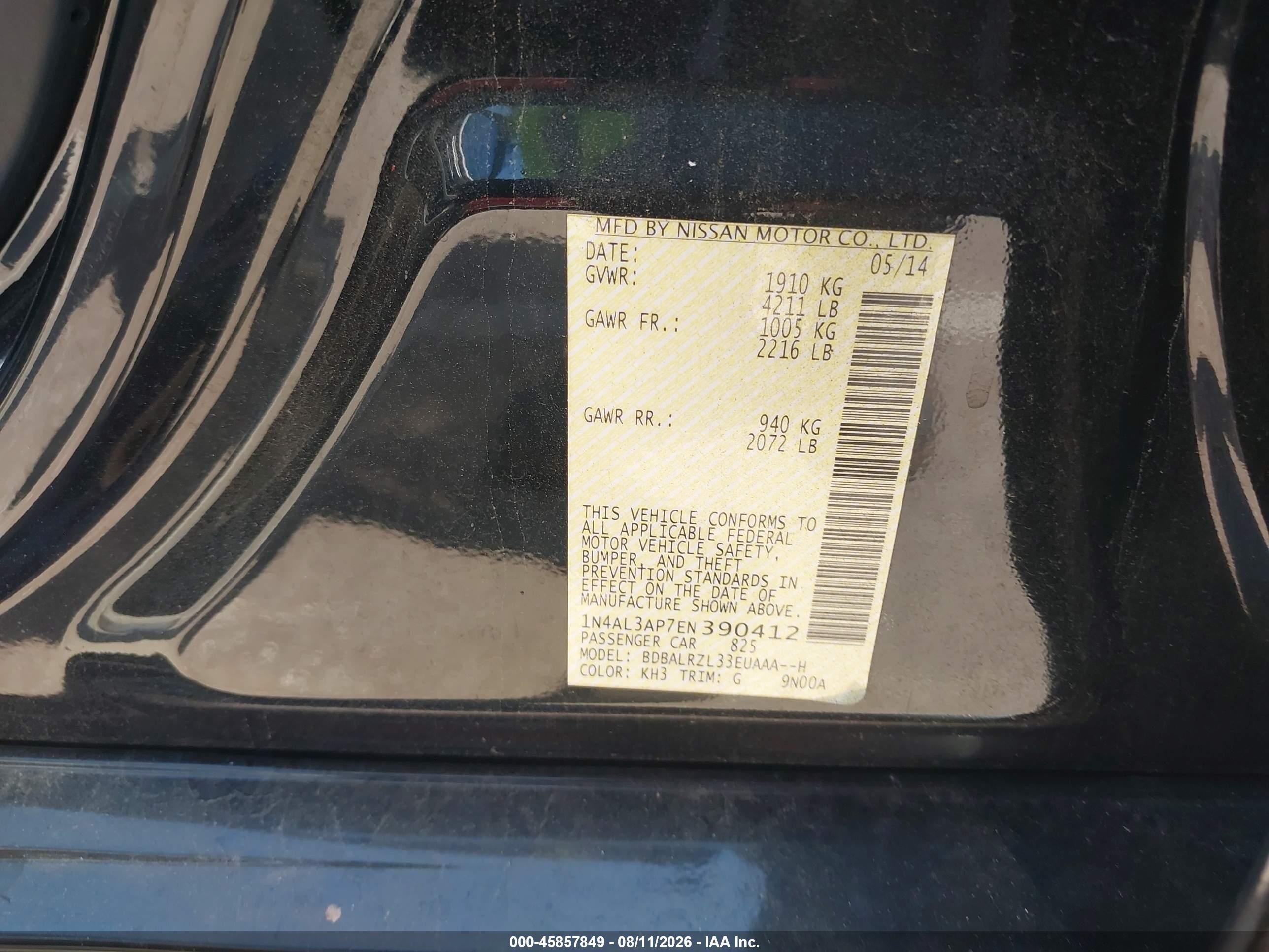 2014 Nissan Altima 2.5/s/sv/sl Black vin: 1N4AL3AP7EN390412