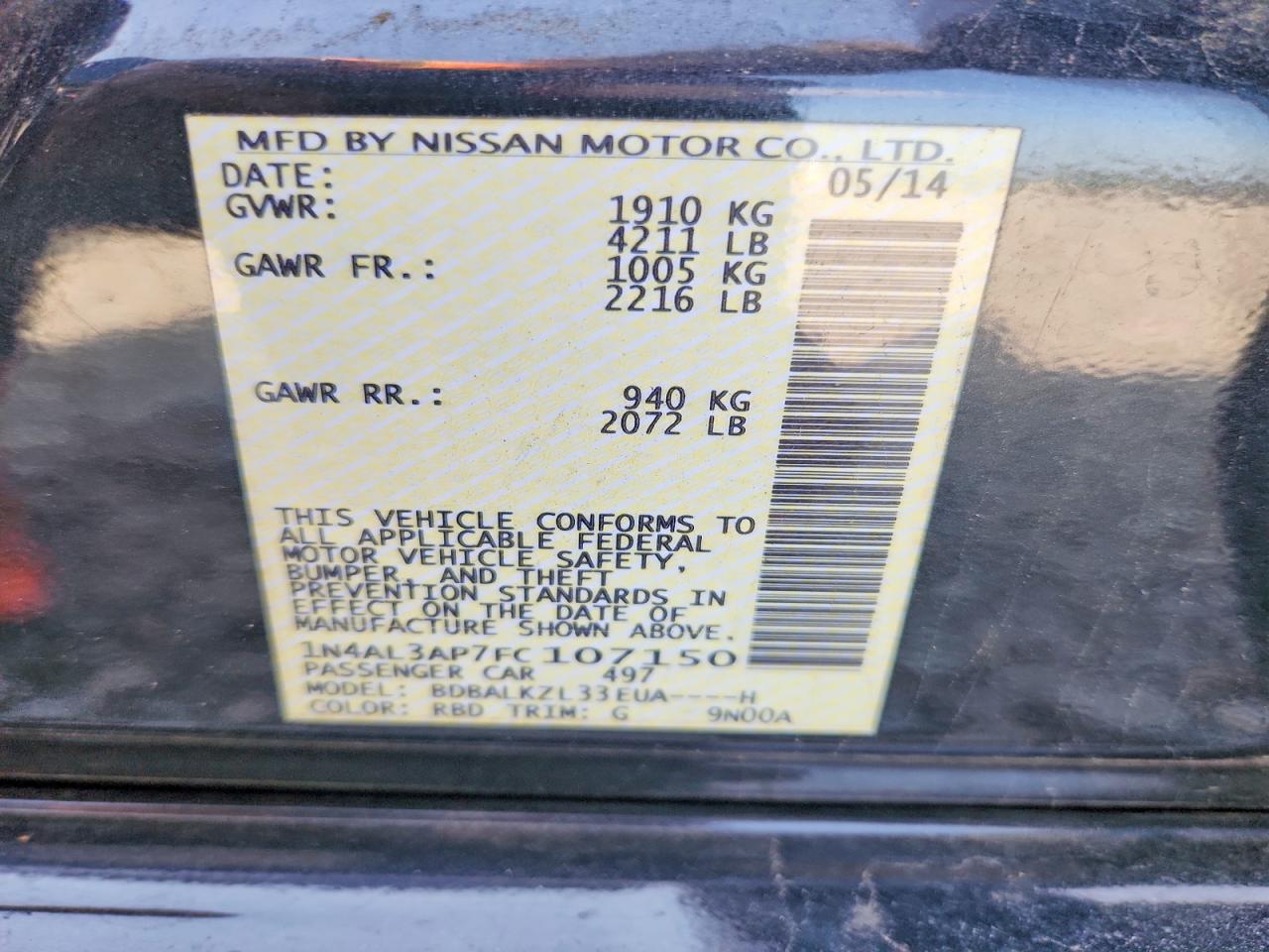 2015 Nissan Altima 2.5 Sv Black vin: 1N4AL3AP7FC107150