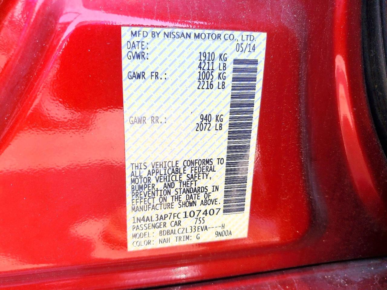 2015 Nissan Altima 2.5 S Красный vin: 1N4AL3AP7FC107407