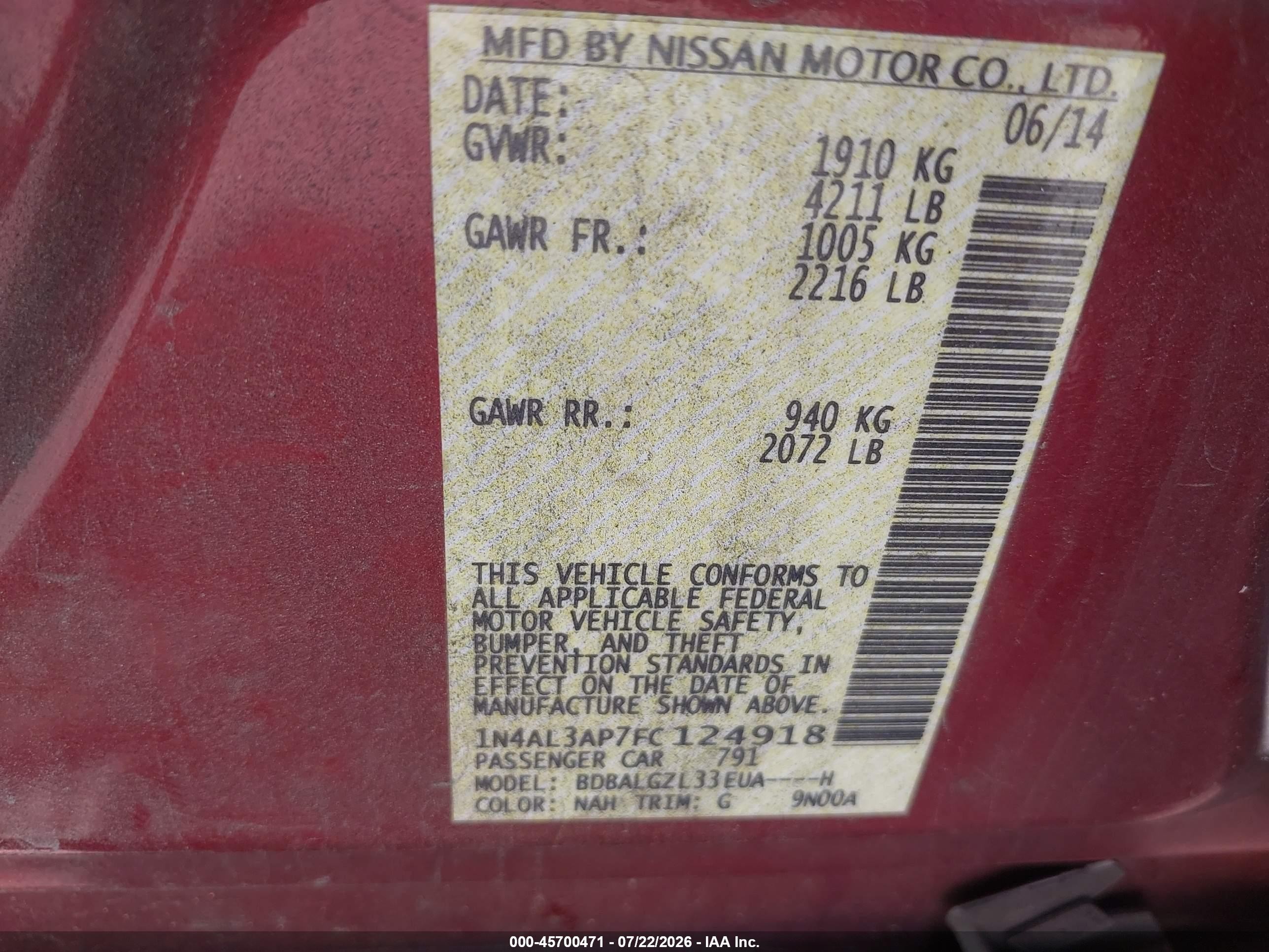 2015 Nissan Altima 2.5 S Red vin: 1N4AL3AP7FC124918