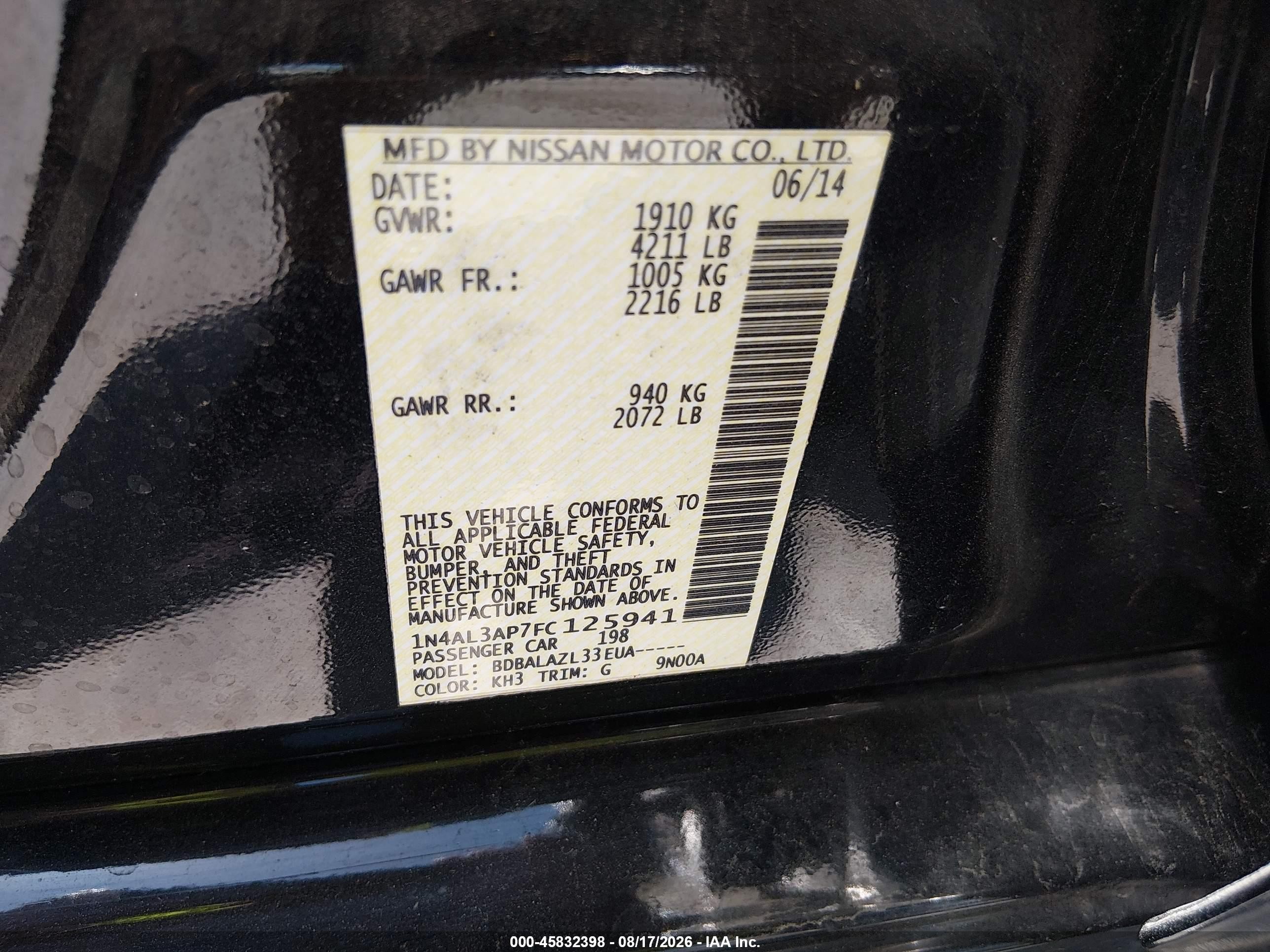 2015 Nissan Altima 2.5 Black vin: 1N4AL3AP7FC125941