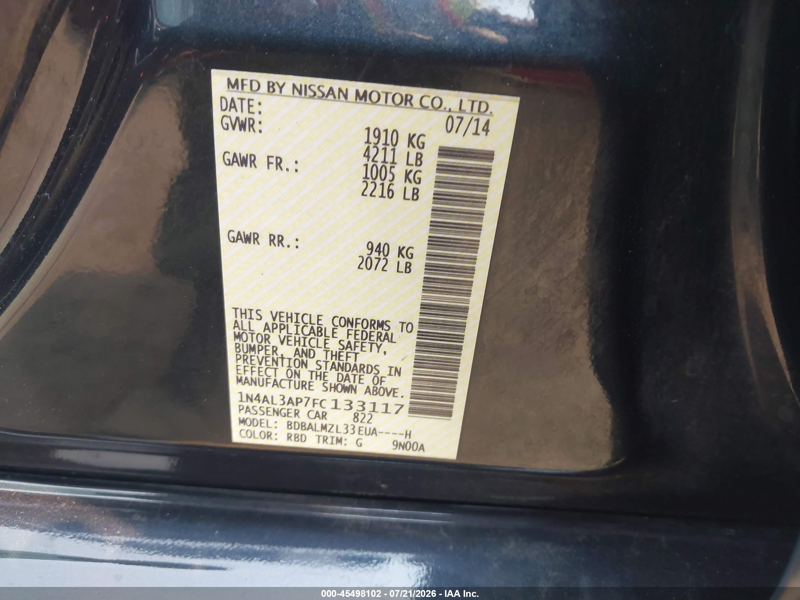 2015 Nissan Altima 2.5 Sv Gray vin: 1N4AL3AP7FC133117