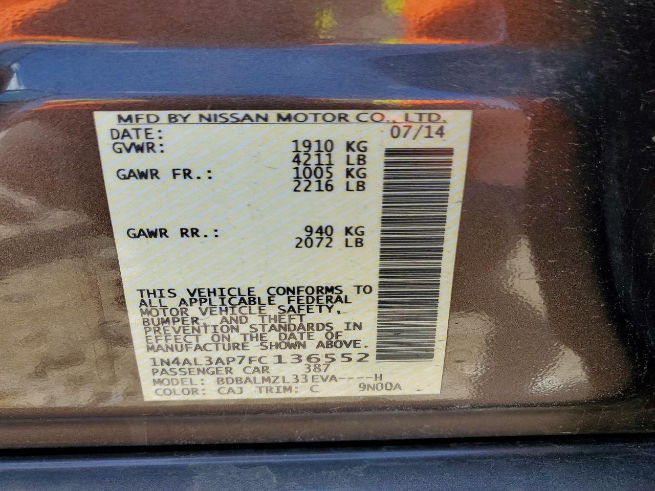 2015 Nissan Altima 2.5 Sv Коричневый vin: 1N4AL3AP7FC136552