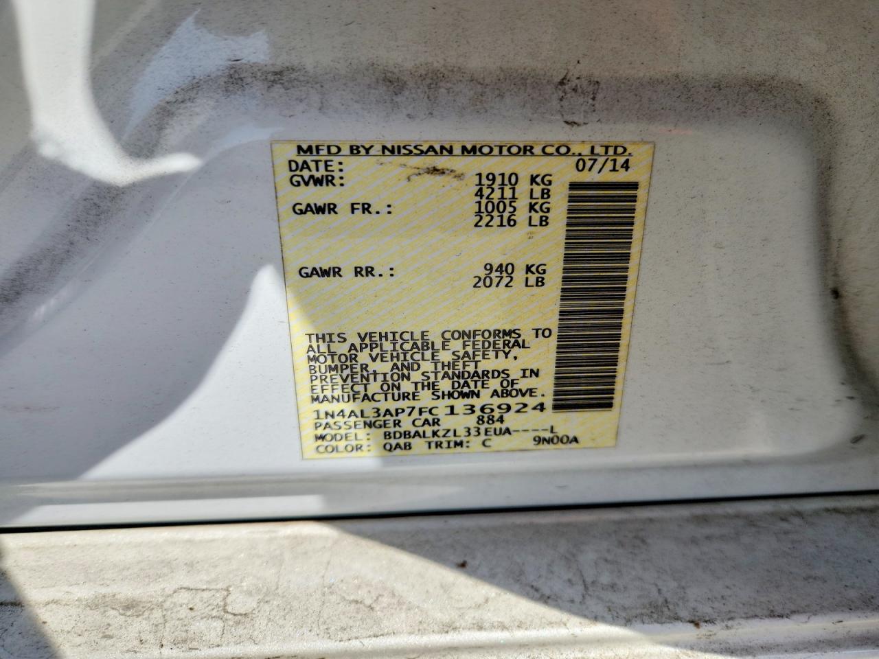 2015 Nissan Altima 2.5 Sv White vin: 1N4AL3AP7FC136924