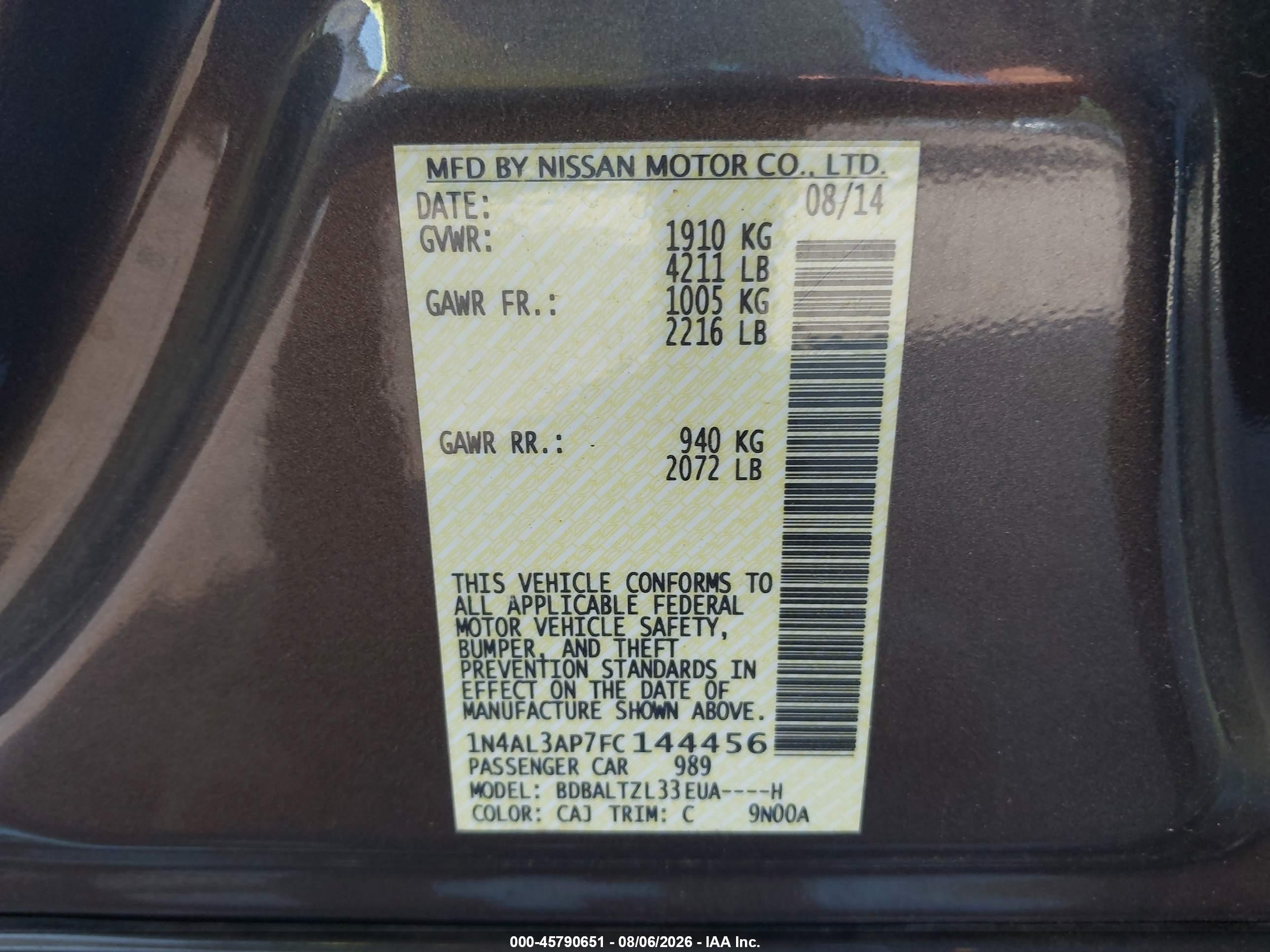 2015 Nissan Altima 2.5/2.5 S/2.5 Sl/2.5 Sv Коричневый vin: 1N4AL3AP7FC144456