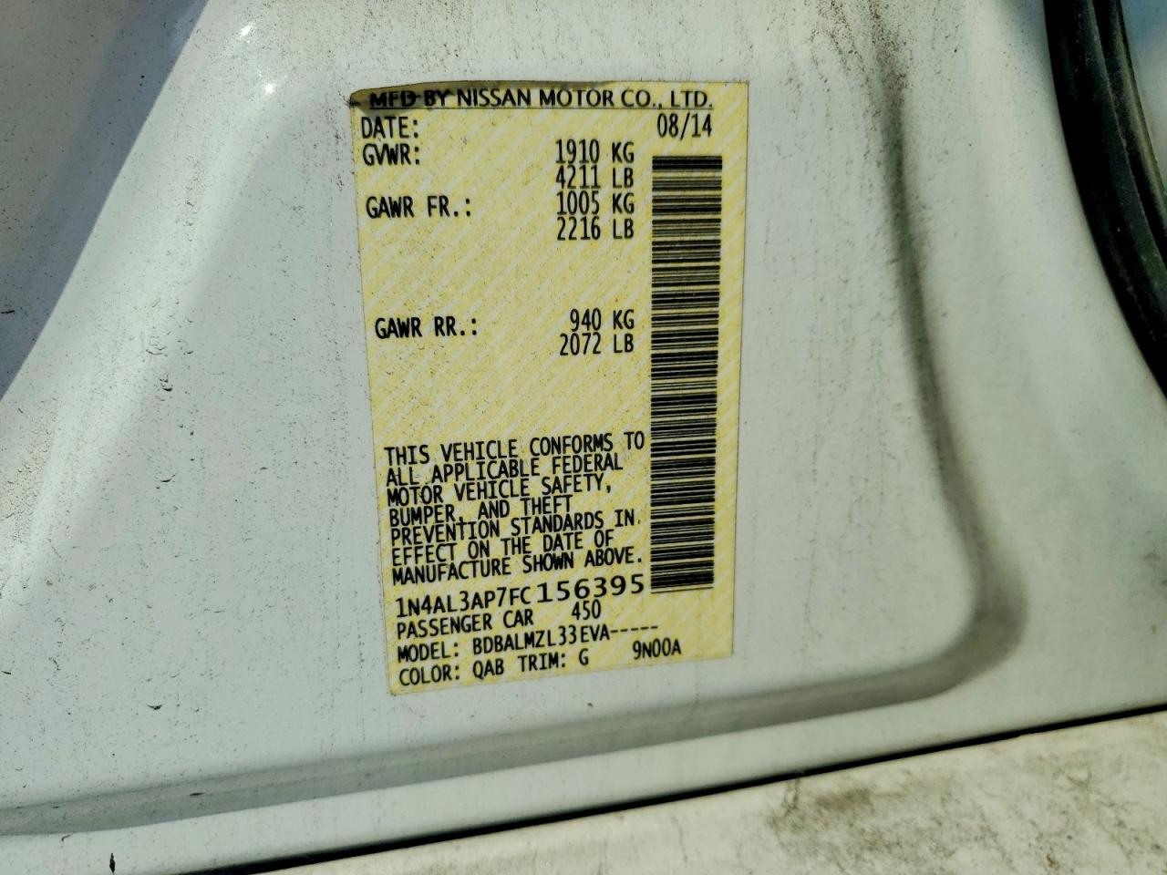 2015 Nissan Altima 2.5 Sv White vin: 1N4AL3AP7FC156395