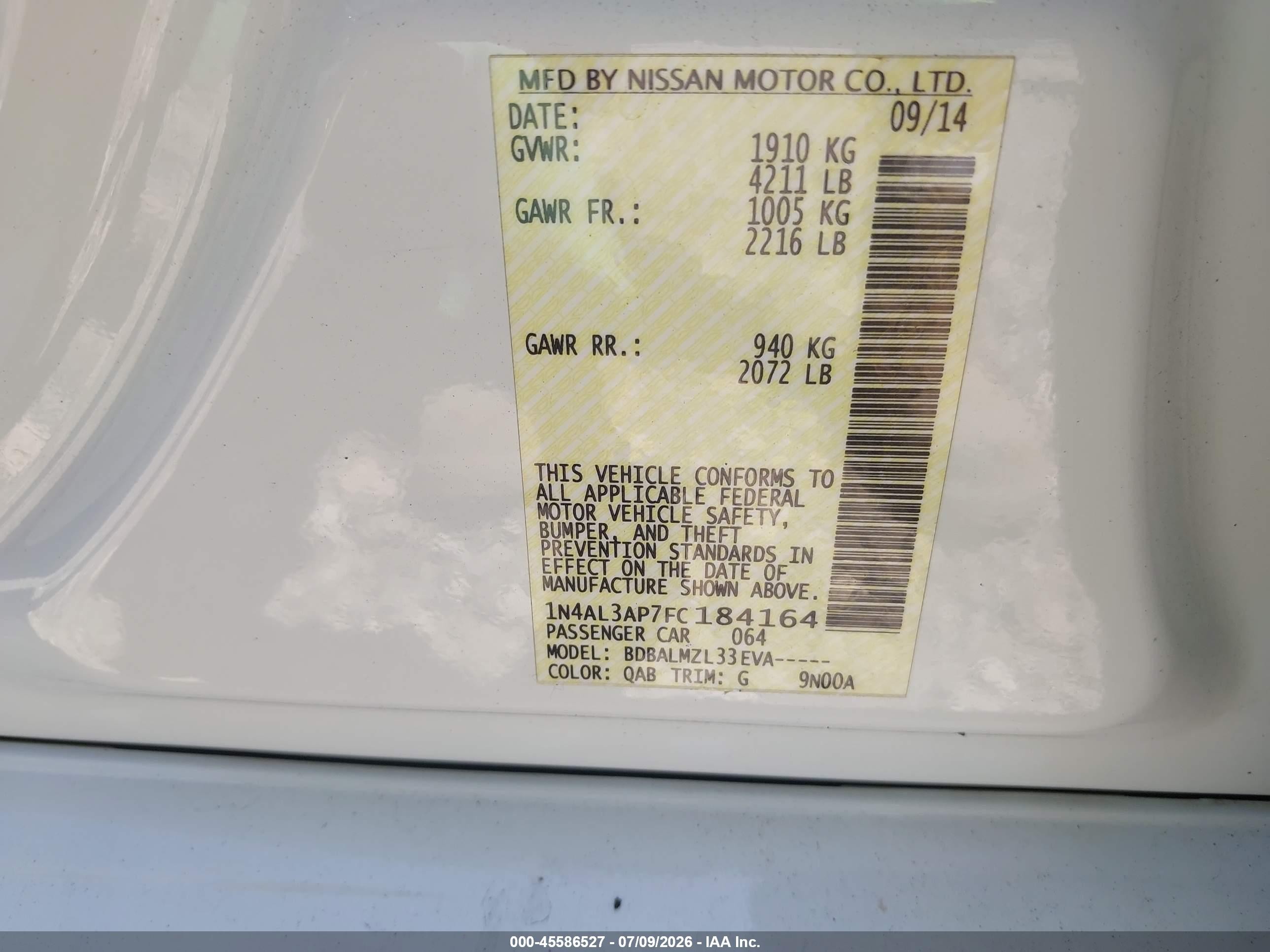 2015 Nissan Altima 2.5 Sv Белый vin: 1N4AL3AP7FC184164