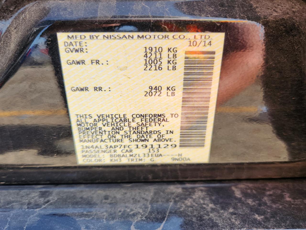 2015 Nissan Altima 2.5 Sv Black vin: 1N4AL3AP7FC191129