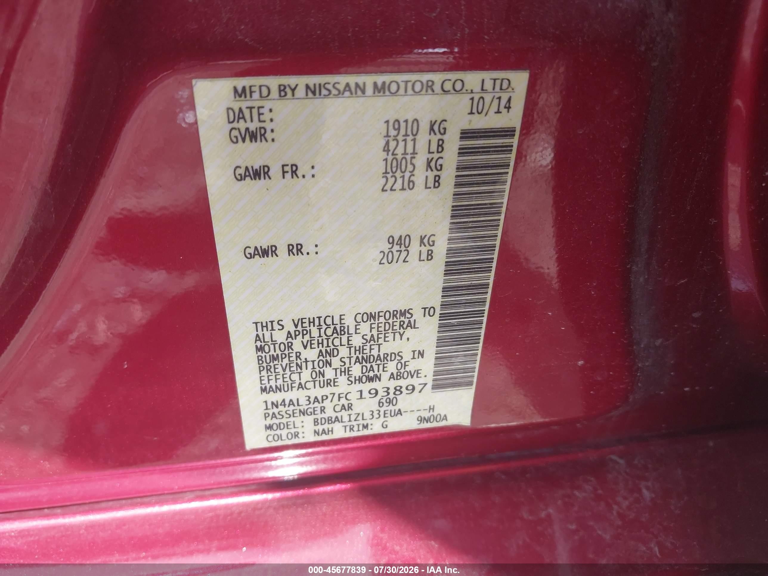 2015 Nissan Altima 2.5 Sv Red vin: 1N4AL3AP7FC193897