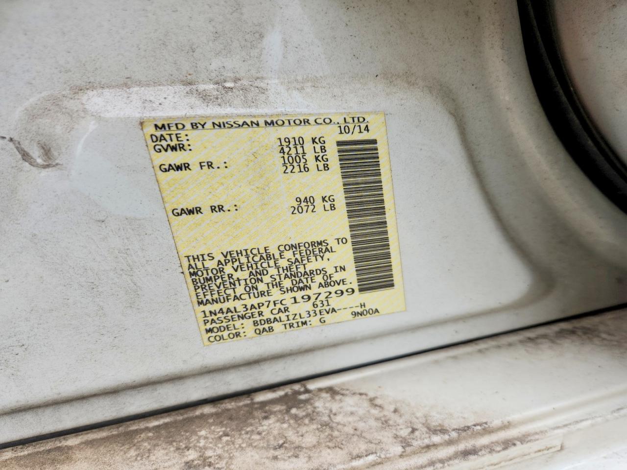 2015 Nissan Altima 2.5 Sv White vin: 1N4AL3AP7FC197299