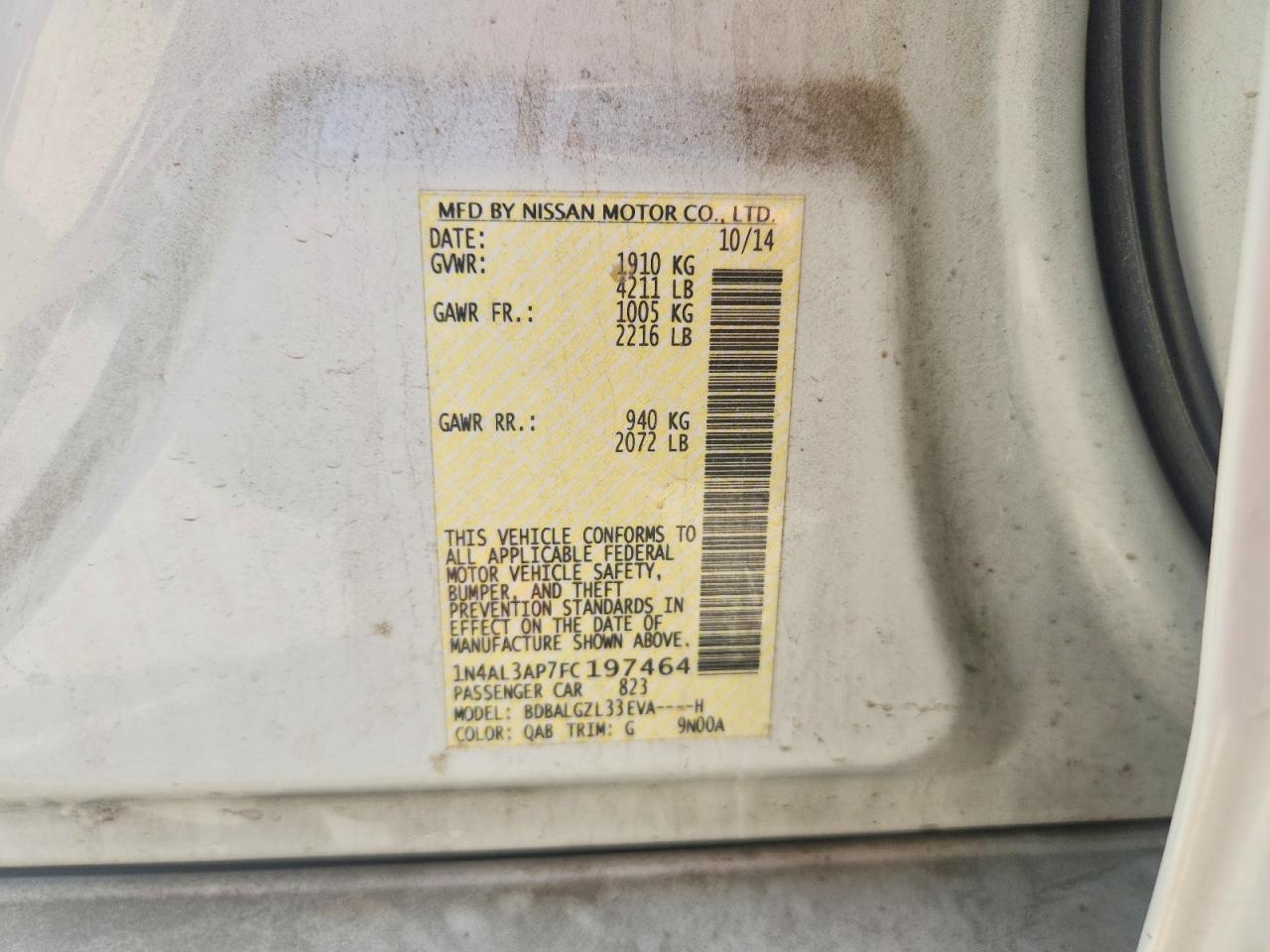 2015 Nissan Altima 2.5 S White vin: 1N4AL3AP7FC197464