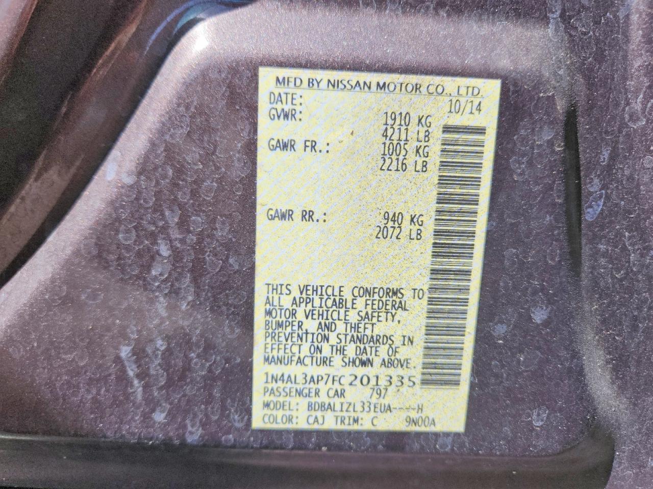 2015 Nissan Altima 2.5 Sv Brown vin: 1N4AL3AP7FC201335