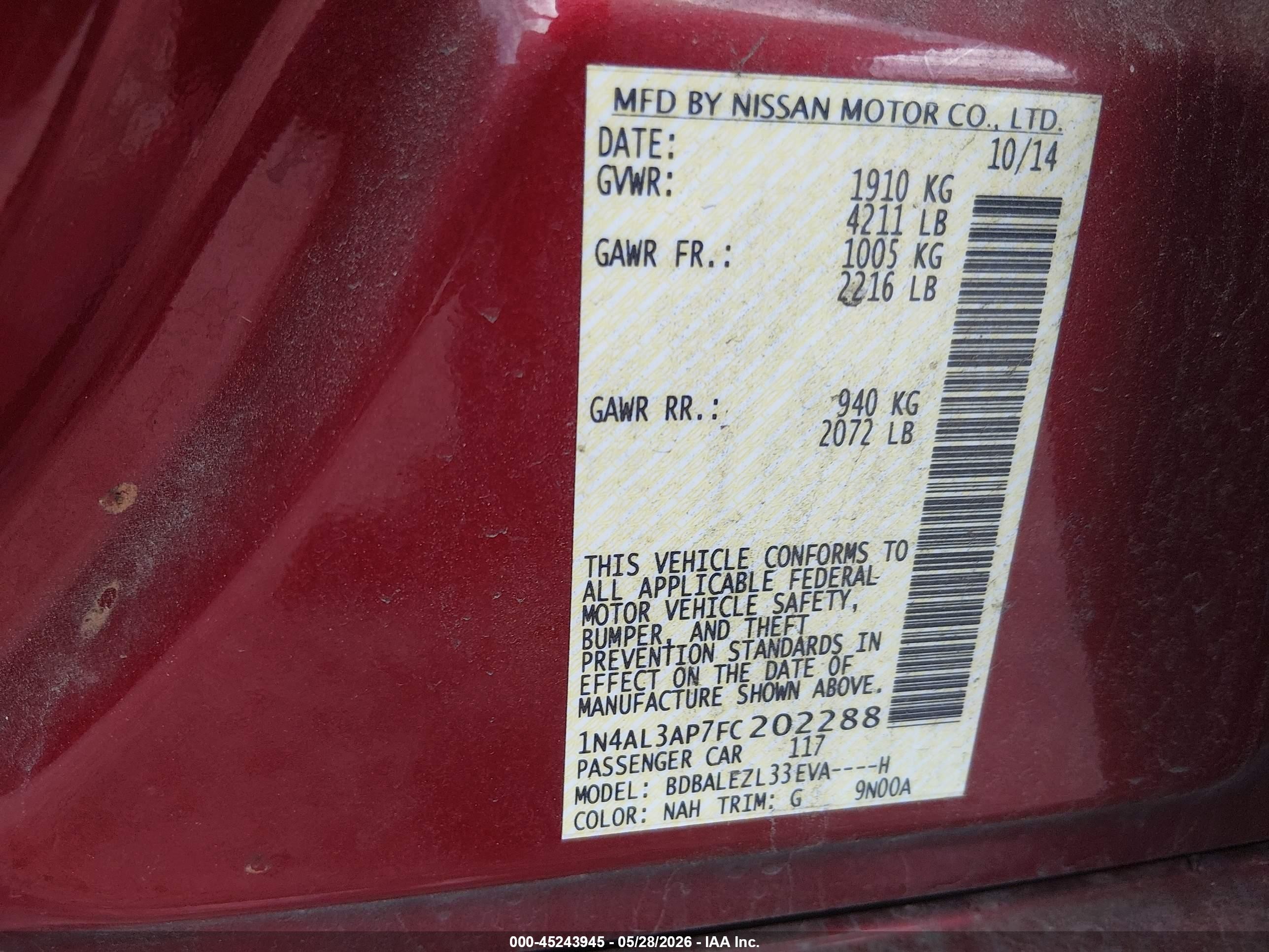 2015 Nissan Altima 2.5 S Red vin: 1N4AL3AP7FC202288