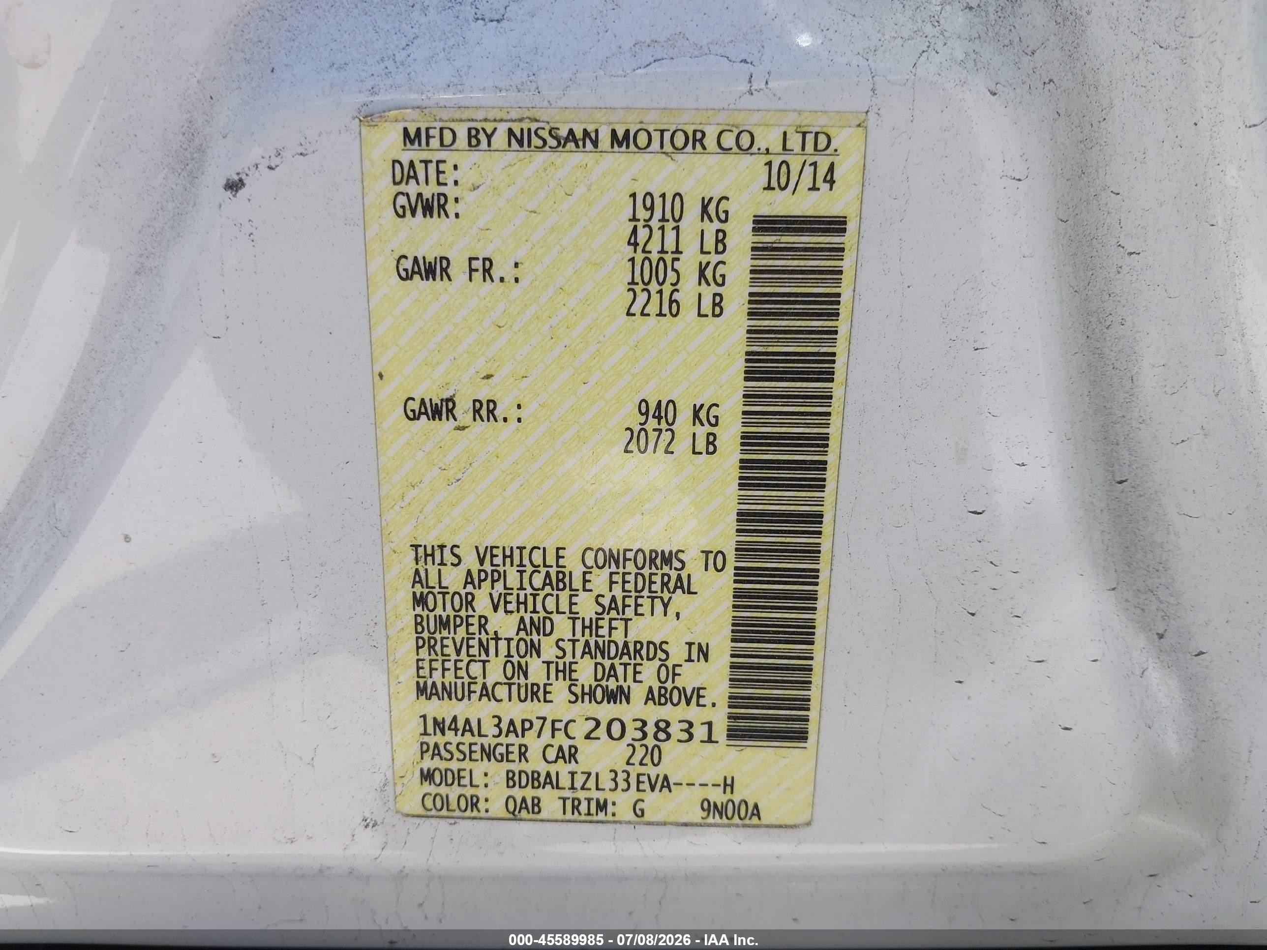 2015 Nissan Altima 2.5 Sv White vin: 1N4AL3AP7FC203831