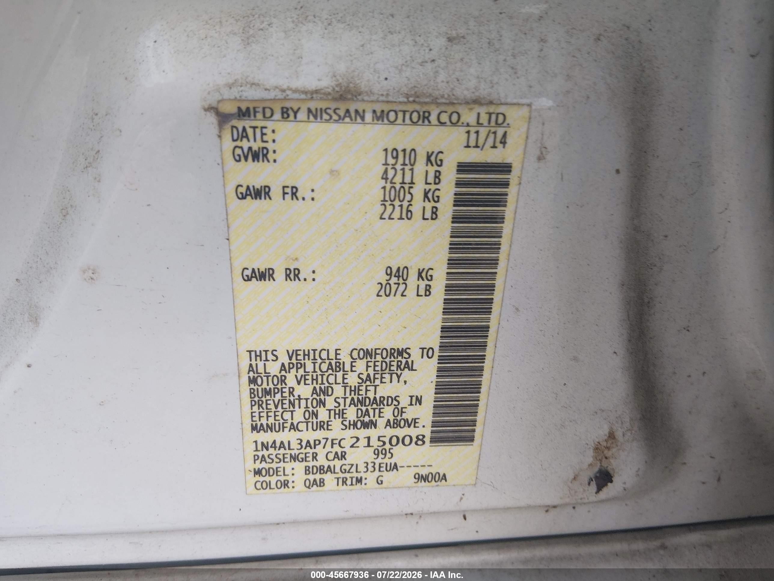 2015 Nissan Altima 2.5/2.5 S/2.5 Sl/2.5 Sv White vin: 1N4AL3AP7FC215008