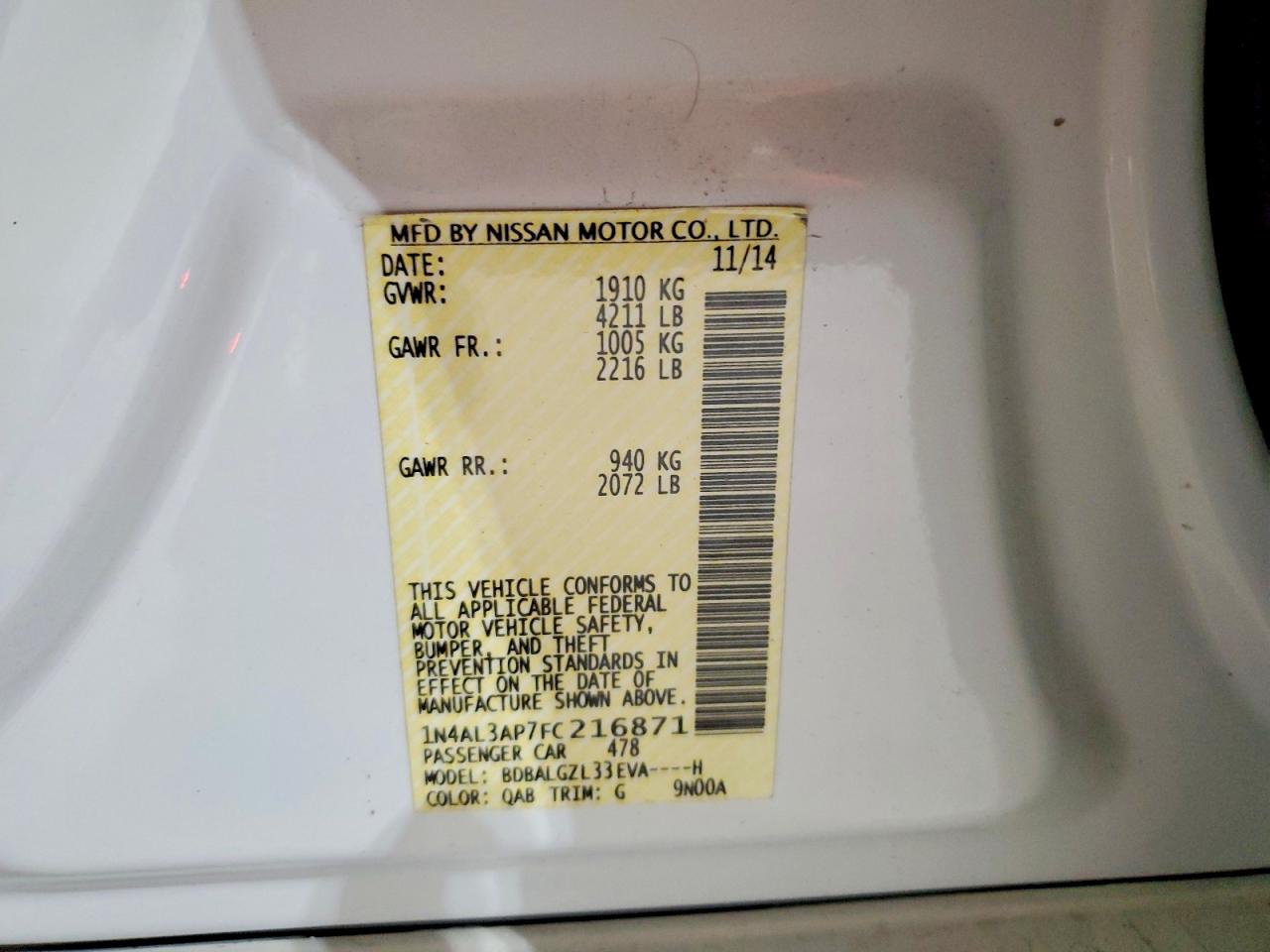 2015 Nissan Altima 2.5 S White vin: 1N4AL3AP7FC216871