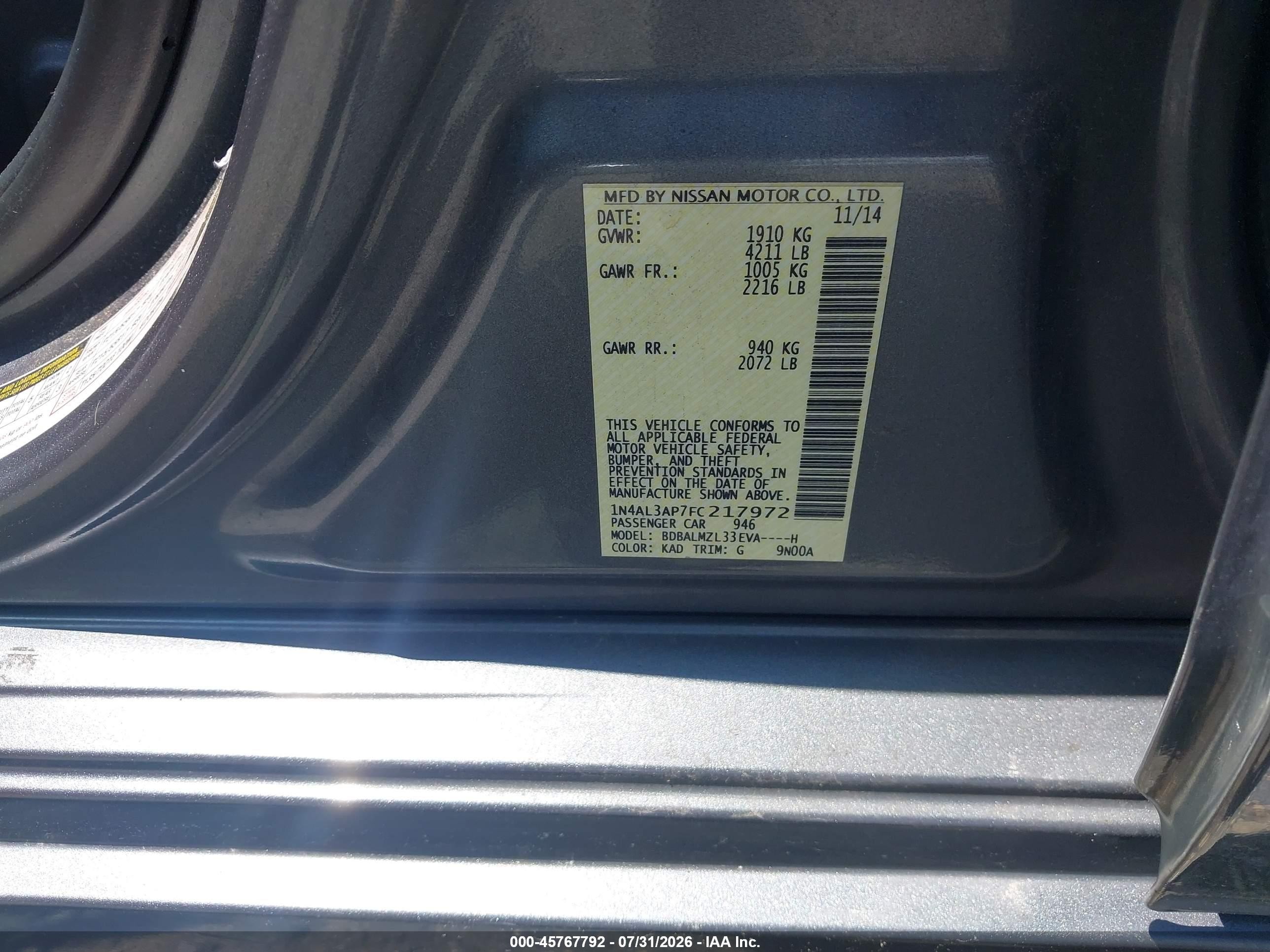 2015 Nissan Altima 2.5 Sv Gray vin: 1N4AL3AP7FC217972