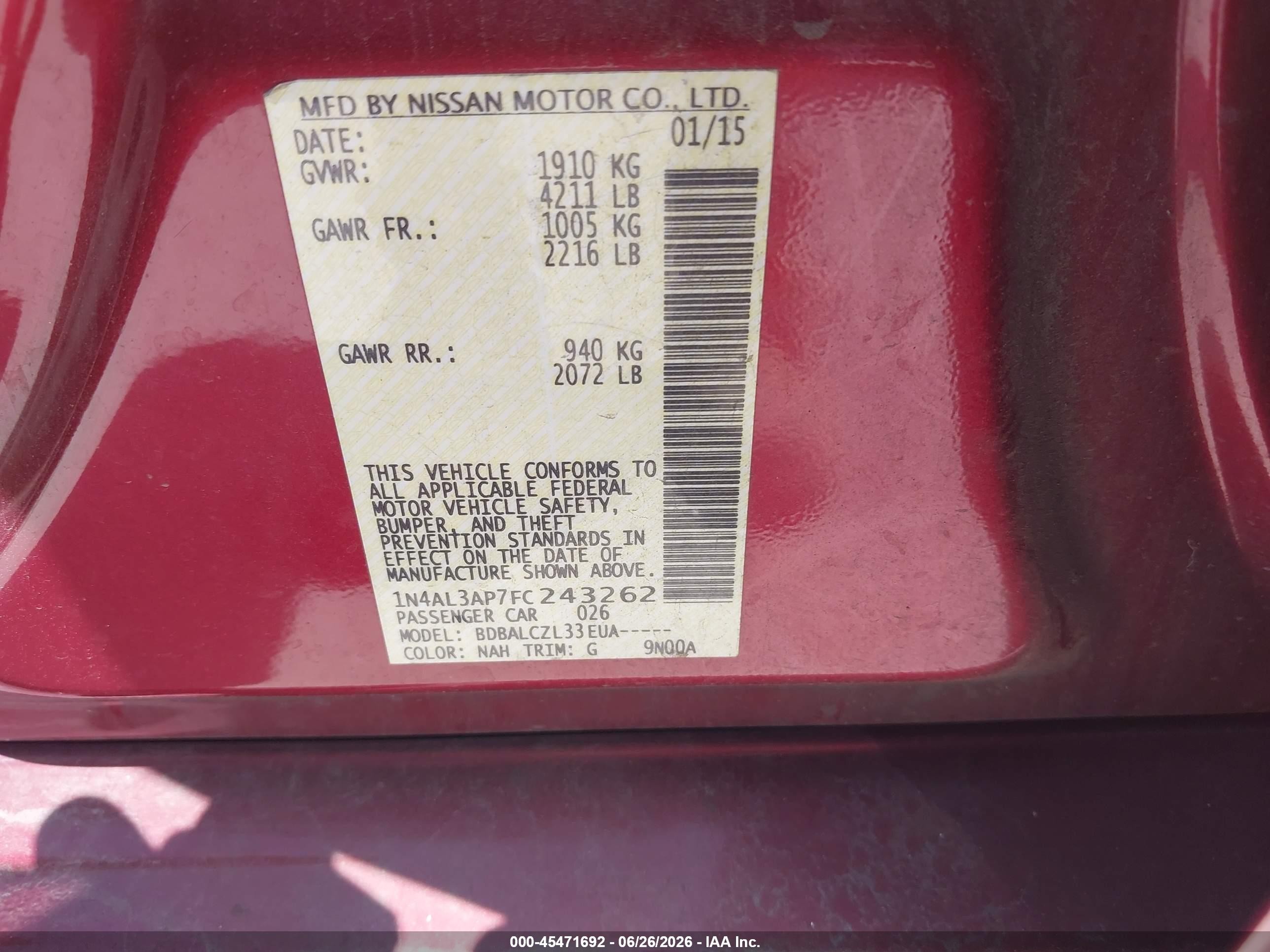2015 Nissan Altima 2.5/2.5 S/2.5 Sl/2.5 Sv Maroon vin: 1N4AL3AP7FC243262