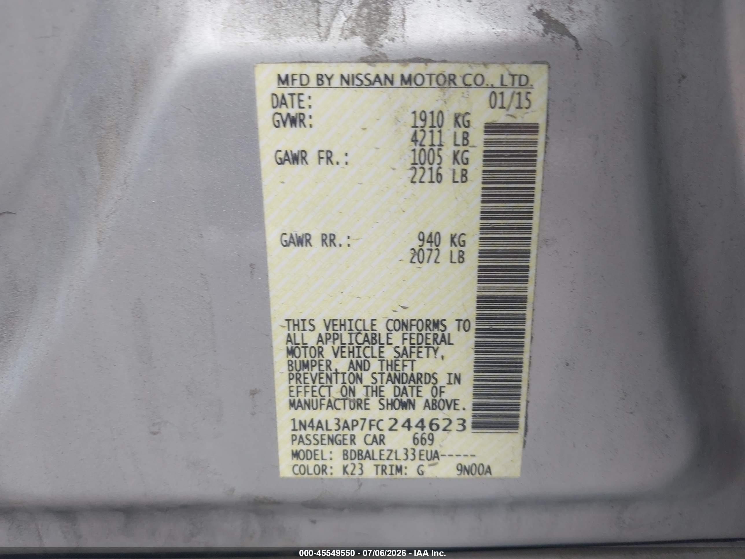 2015 Nissan Altima 2.5/2.5 S/2.5 Sl/2.5 Sv Серебряный vin: 1N4AL3AP7FC244623