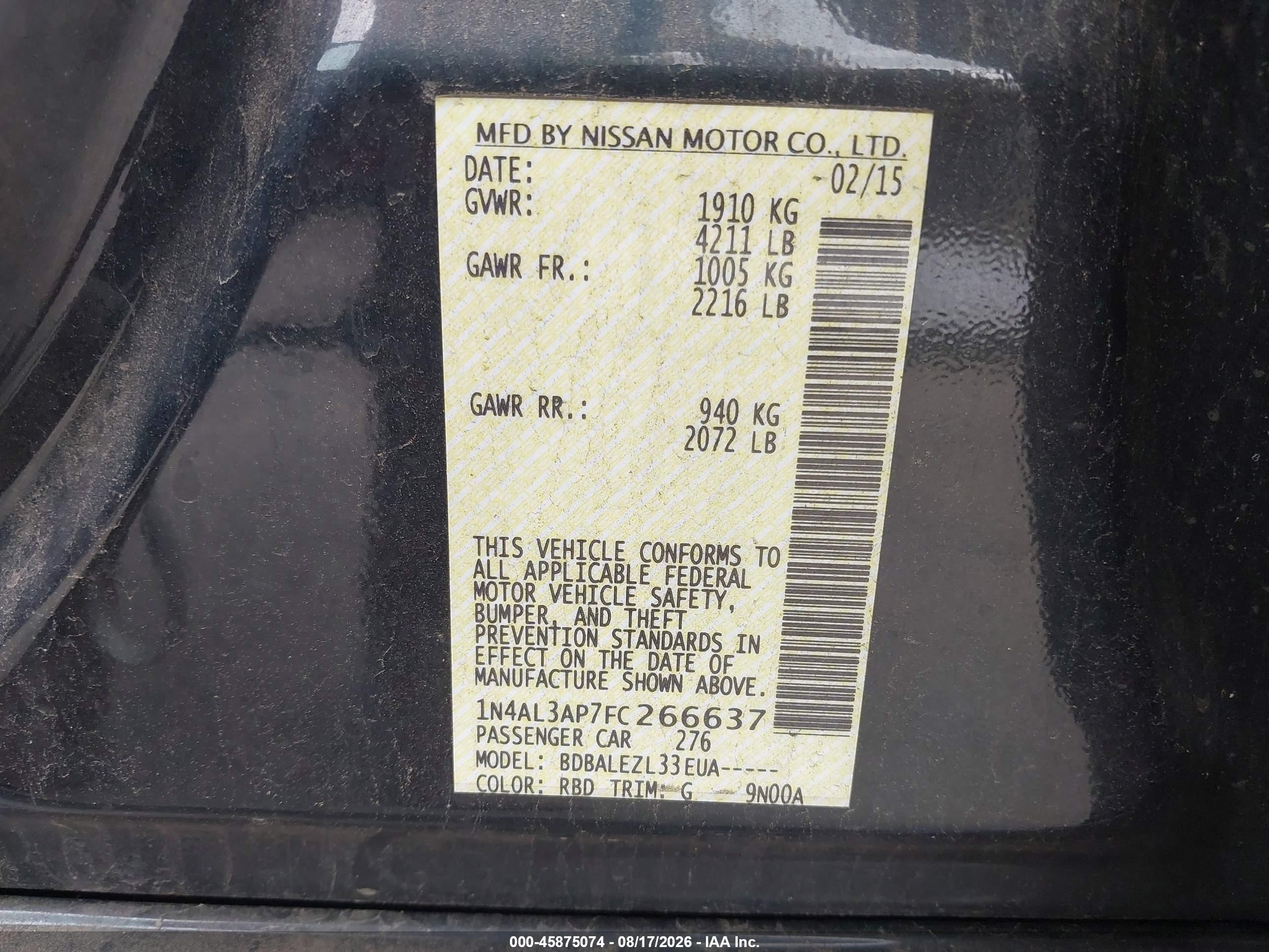 2015 Nissan Altima 2.5/2.5 S/2.5 Sl/2.5 Sv Gray vin: 1N4AL3AP7FC266637