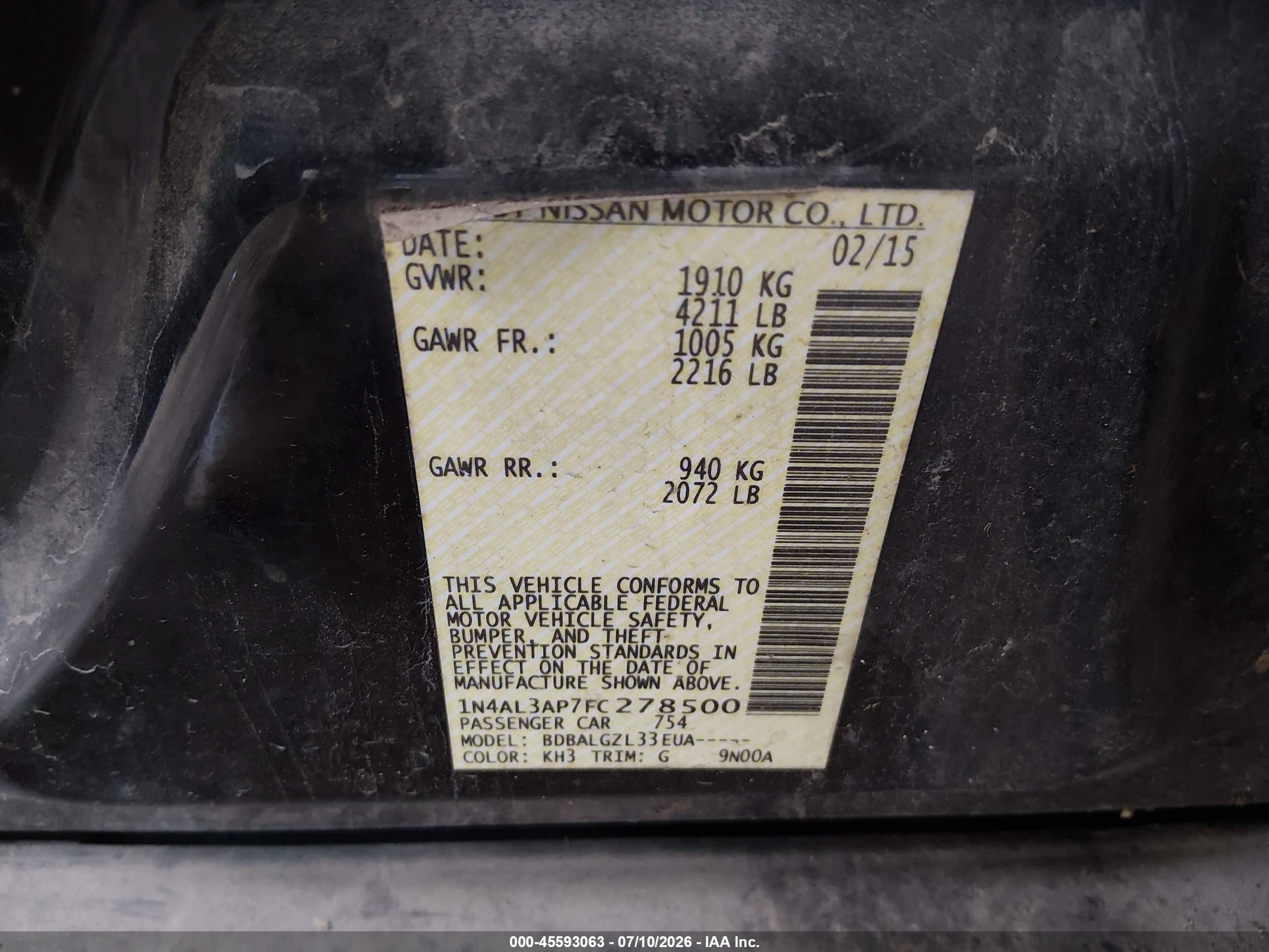 2015 Nissan Altima 2.5/2.5 S/2.5 Sl/2.5 Sv Black vin: 1N4AL3AP7FC278500