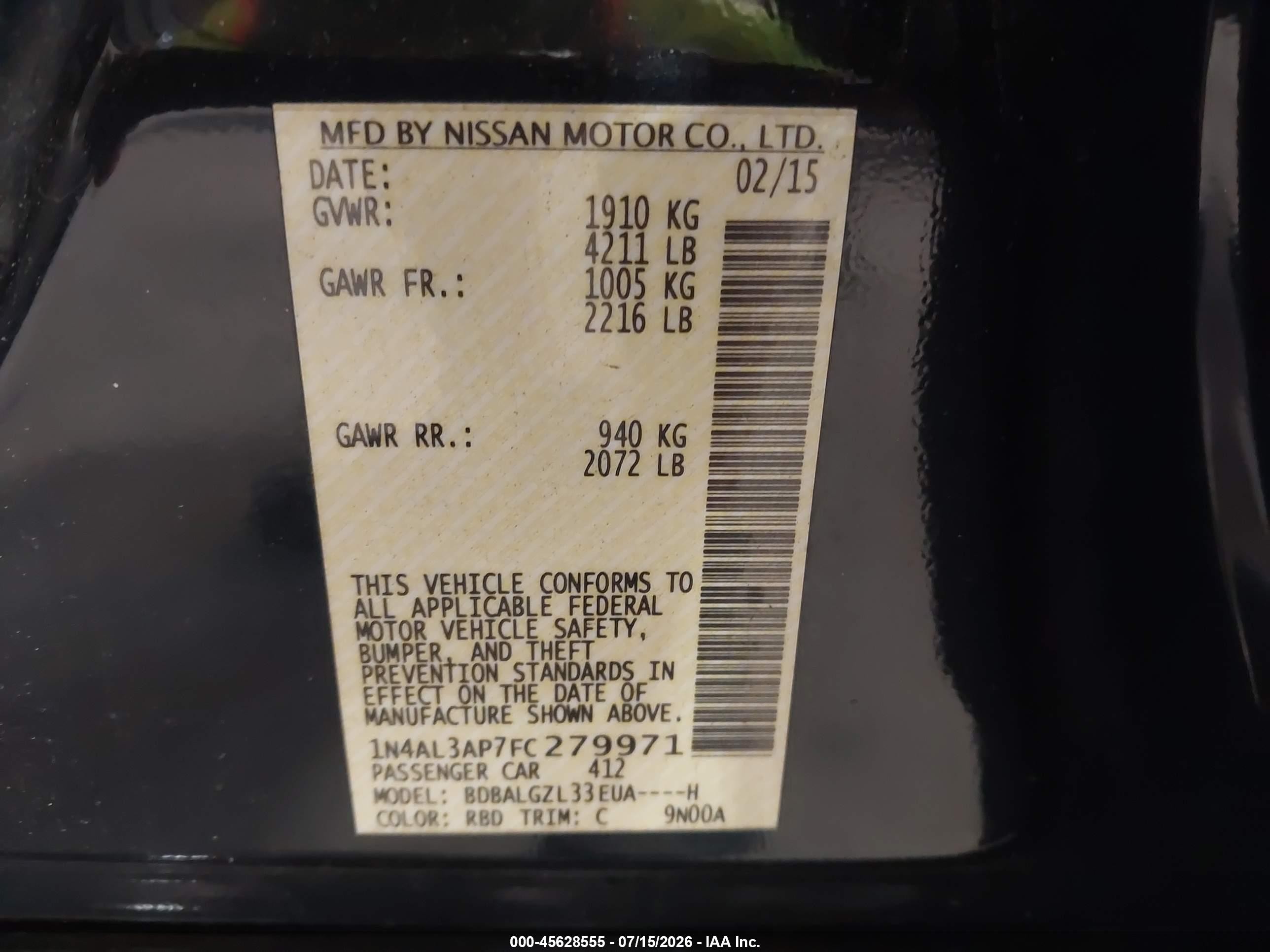 2015 Nissan Altima 2.5 S Black vin: 1N4AL3AP7FC279971