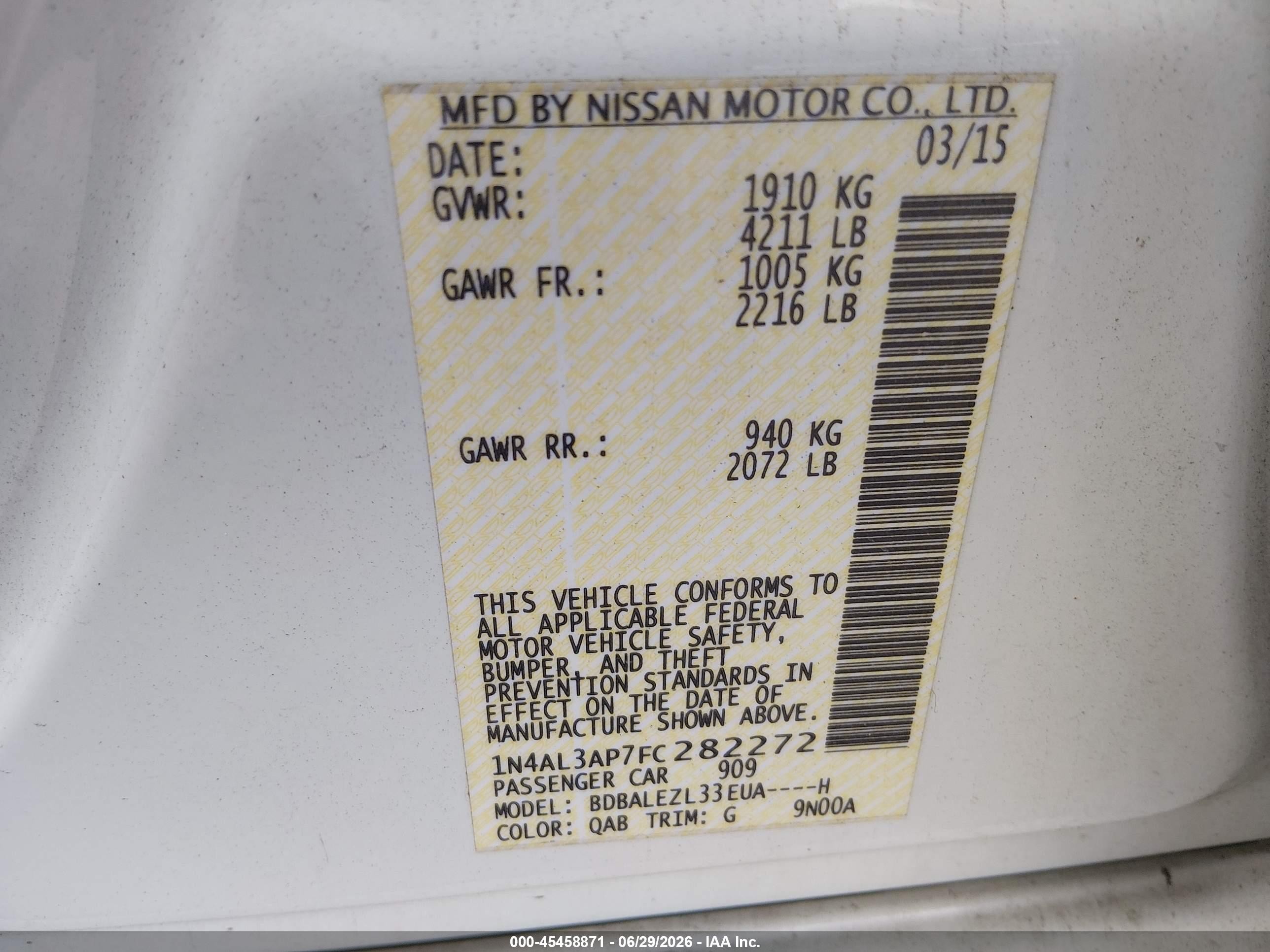 2015 Nissan Altima 2.5 S White vin: 1N4AL3AP7FC282272