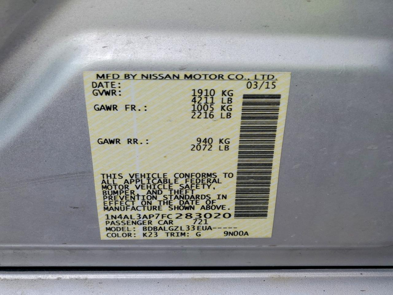 2015 Nissan Altima 2.5 S Серебряный vin: 1N4AL3AP7FC283020