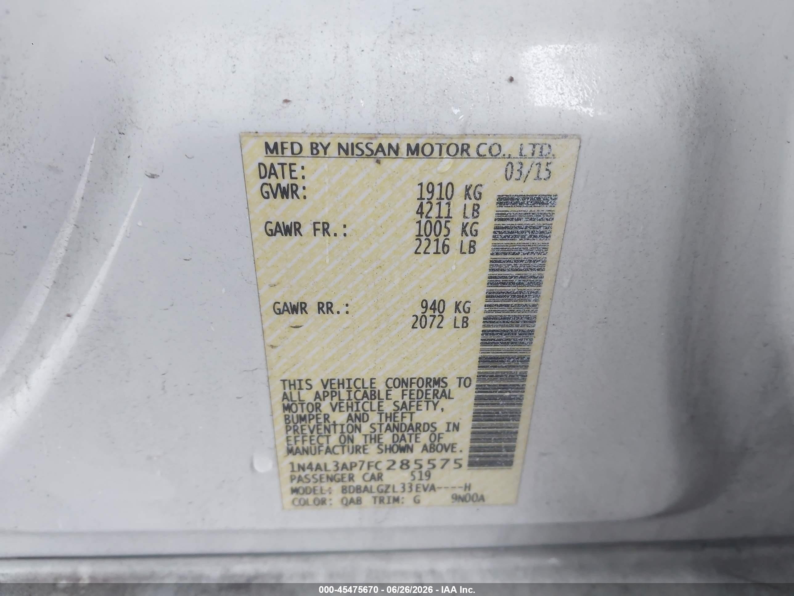 2015 Nissan Altima 2.5 S White vin: 1N4AL3AP7FC285575