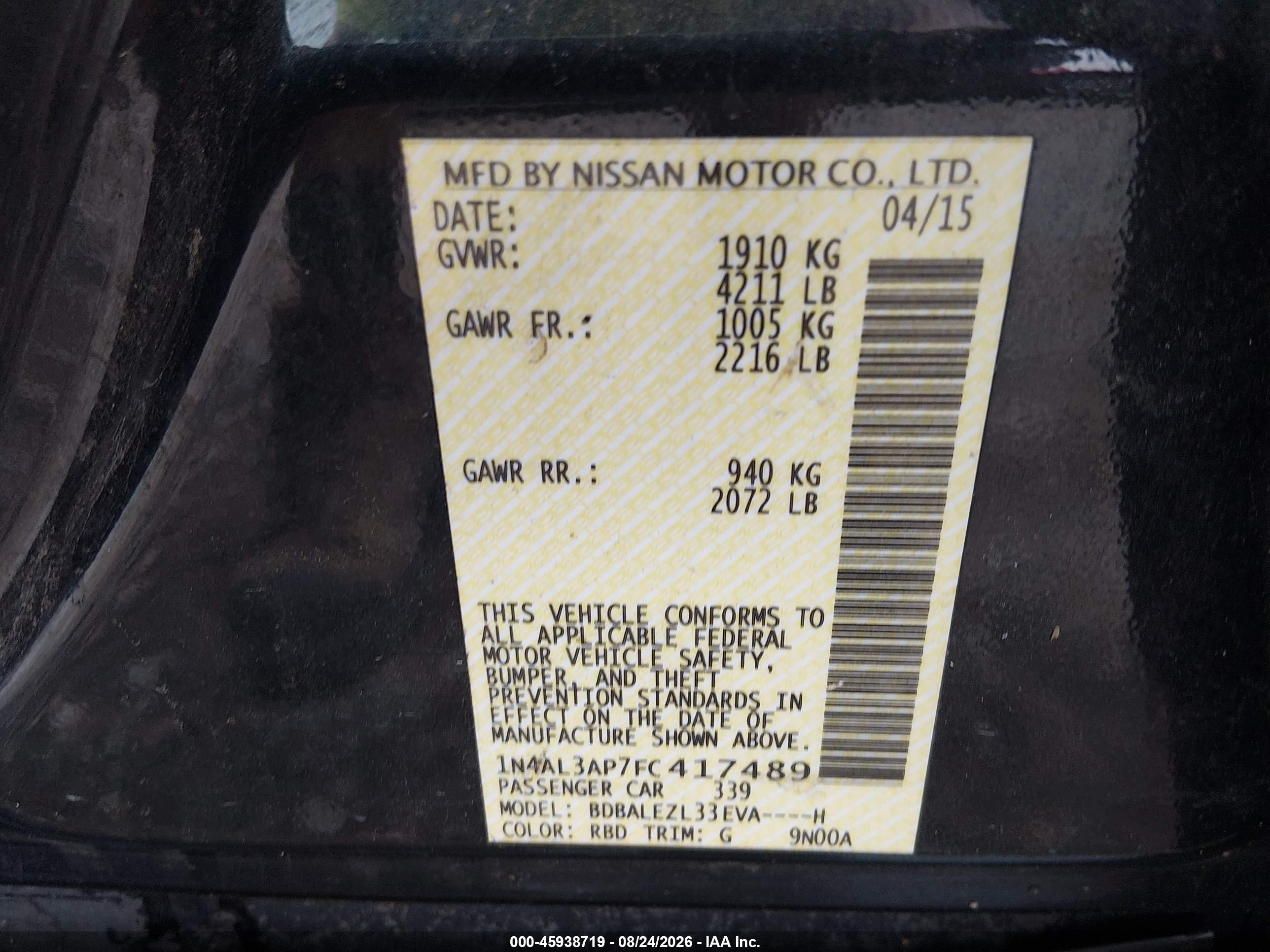 2015 Nissan Altima 2.5 S Black vin: 1N4AL3AP7FC417489