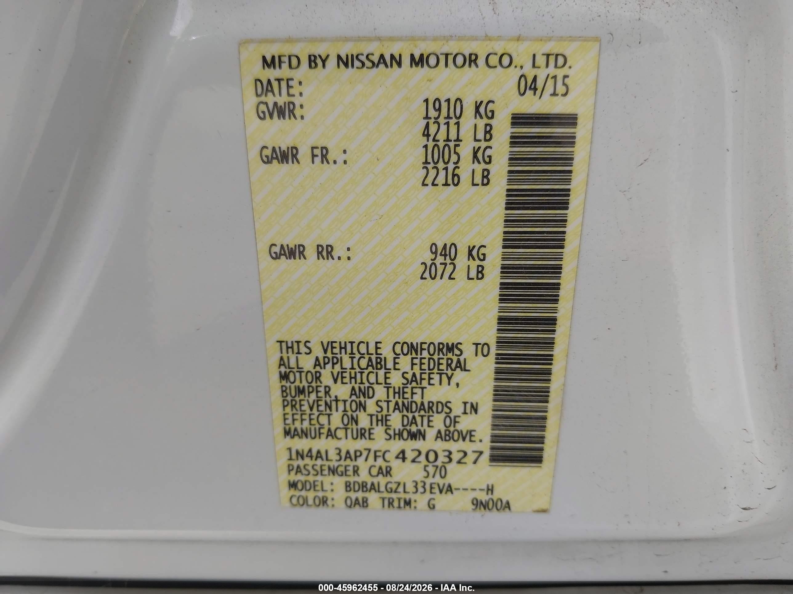 2015 Nissan Altima 2.5 S White vin: 1N4AL3AP7FC420327