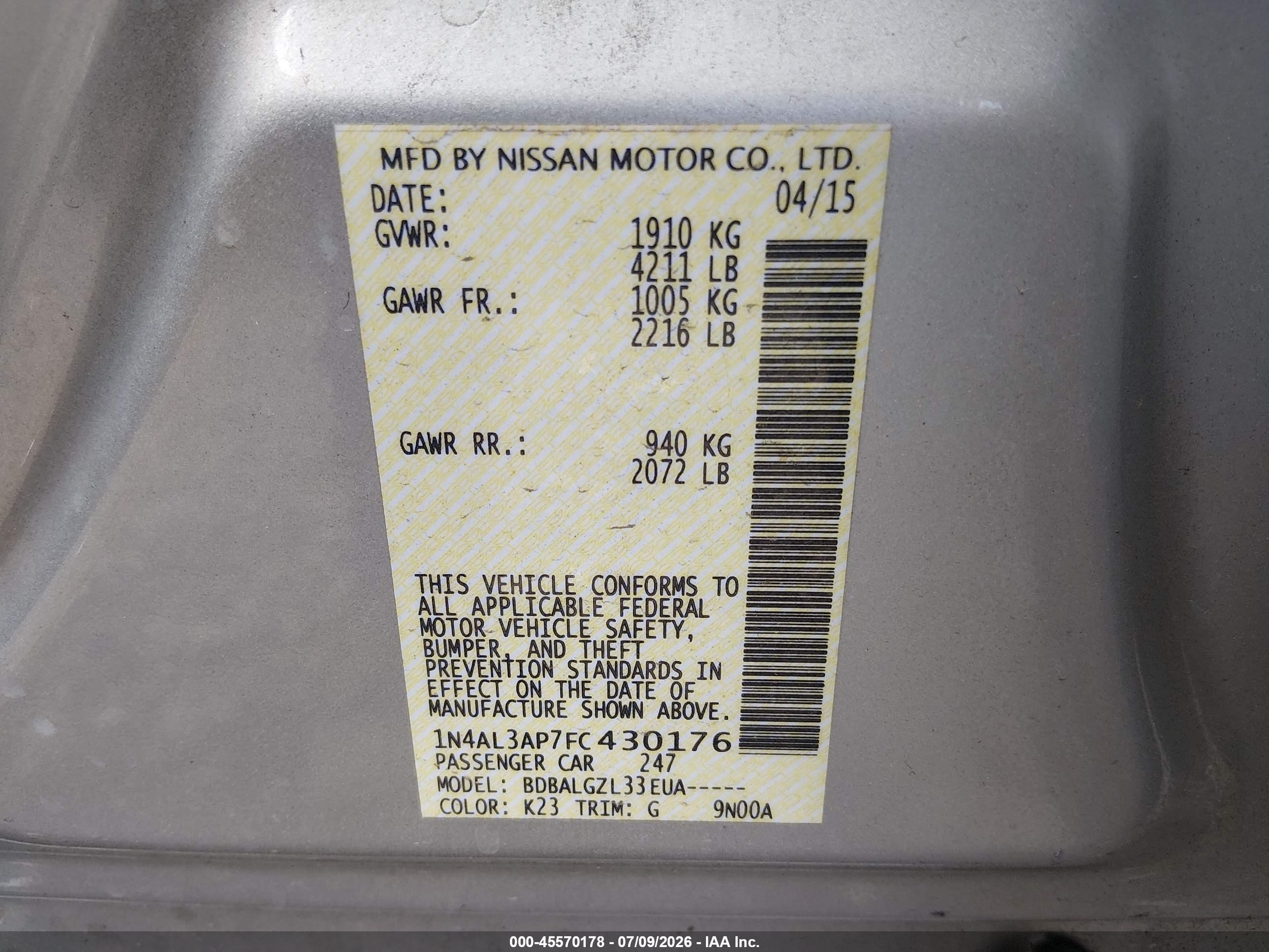 2015 Nissan Altima 2.5/2.5 S/2.5 Sl/2.5 Sv Silver vin: 1N4AL3AP7FC430176