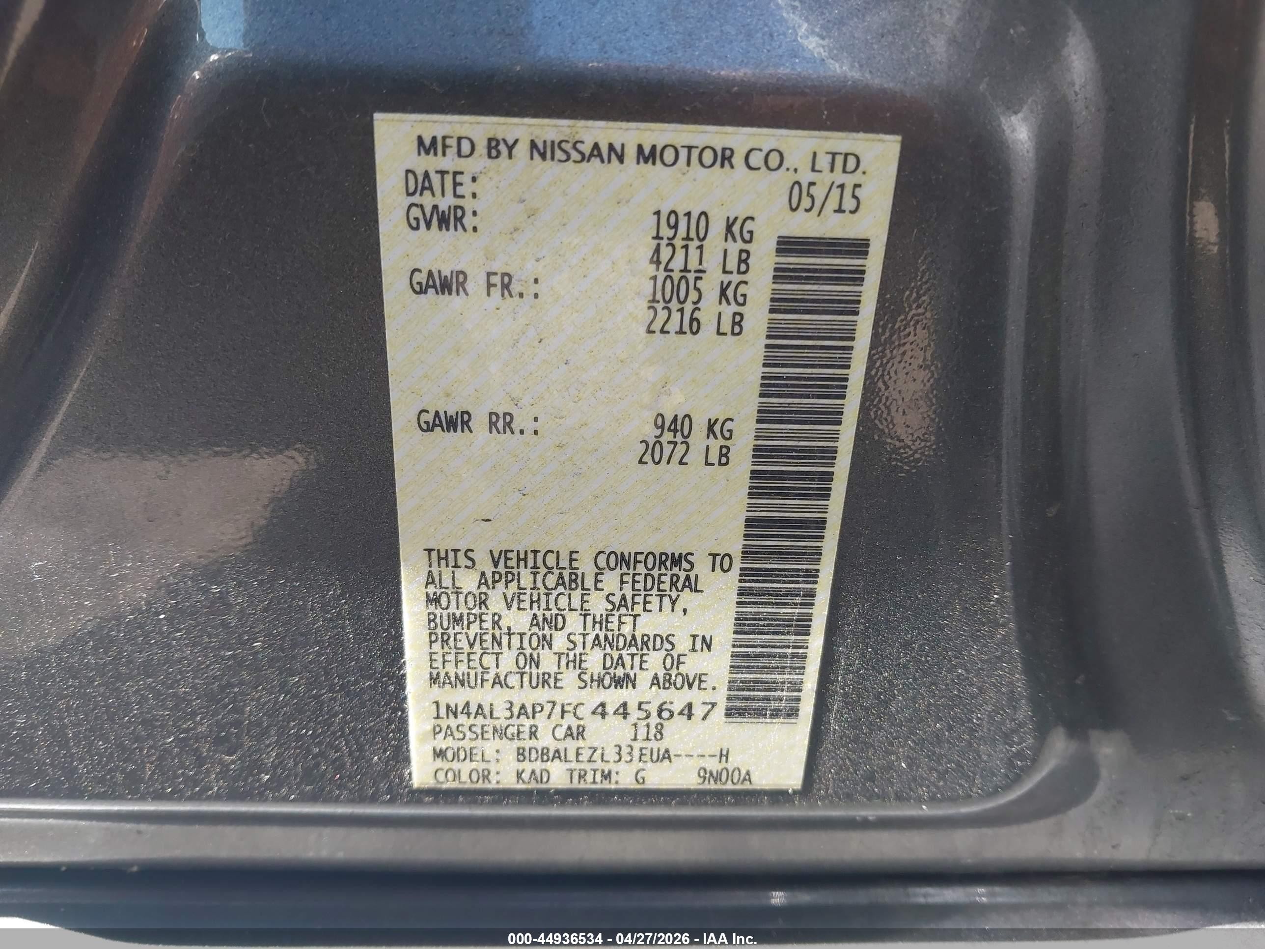 2015 Nissan Altima 2.5 S Gray vin: 1N4AL3AP7FC445647
