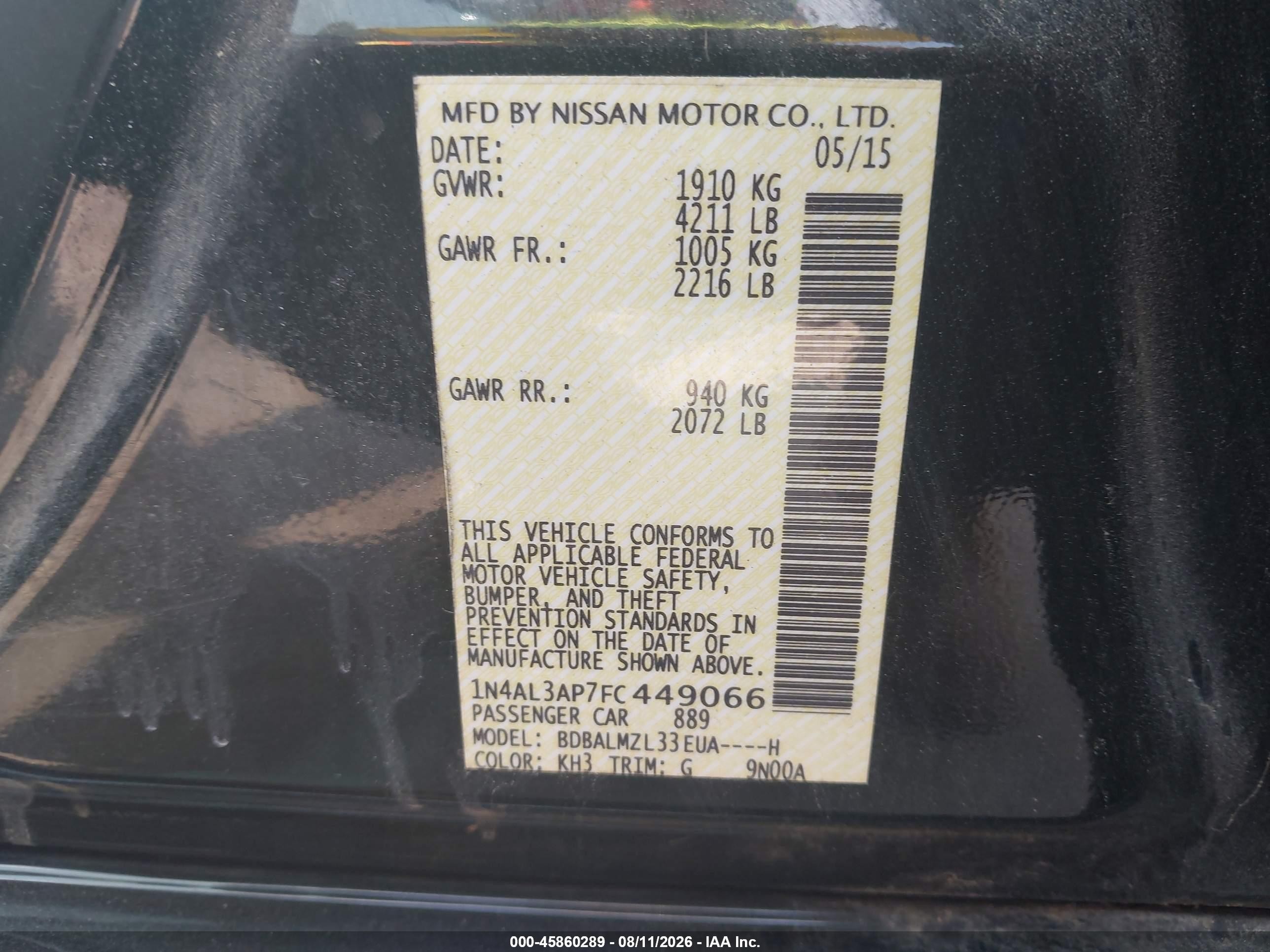 2015 Nissan Altima 2.5 Sv Black vin: 1N4AL3AP7FC449066