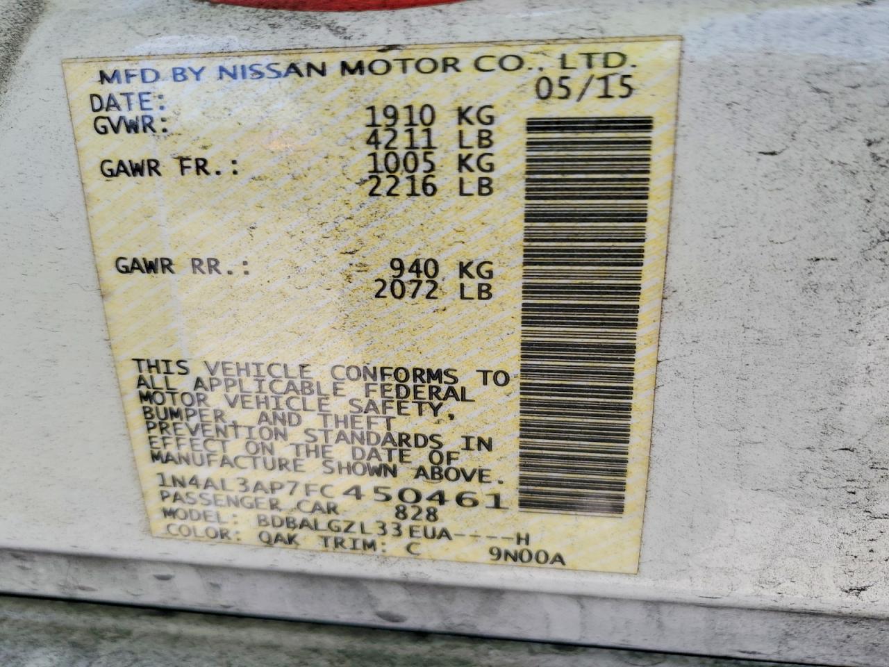 2015 Nissan Altima 2.5 S White vin: 1N4AL3AP7FC450461