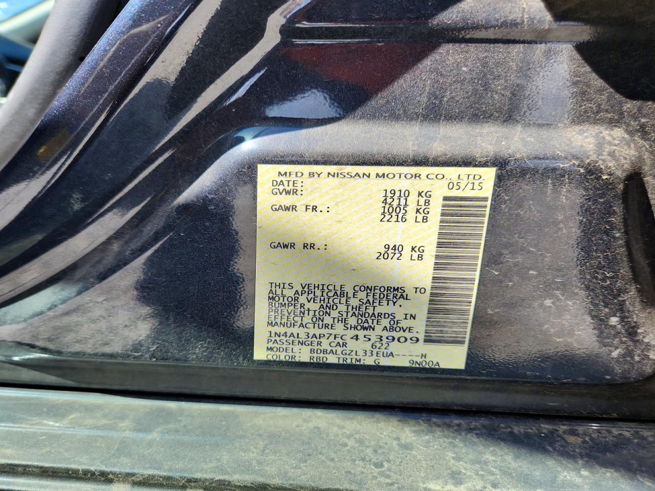 2015 Nissan Altima 2.5 S Charcoal vin: 1N4AL3AP7FC453909