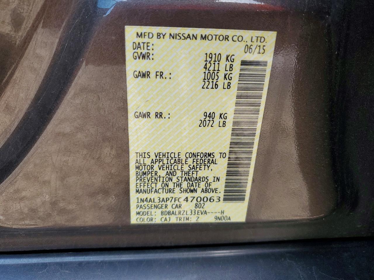 2015 Nissan Altima 2.5 Sl Gray vin: 1N4AL3AP7FC470063