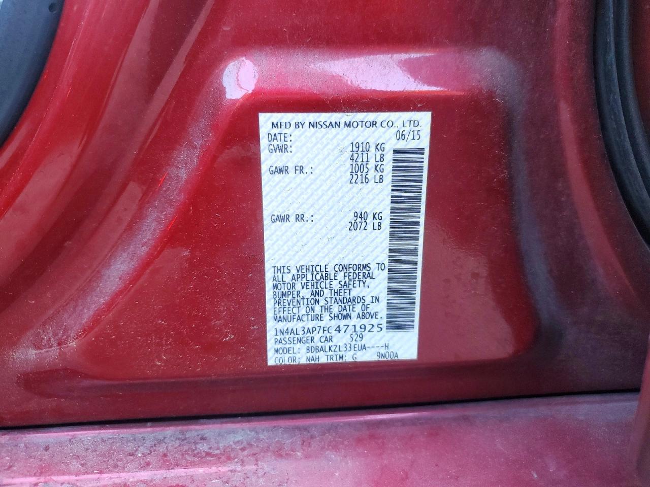 2015 Nissan Altima 2.5 Sv Темно-бордовый vin: 1N4AL3AP7FC471925
