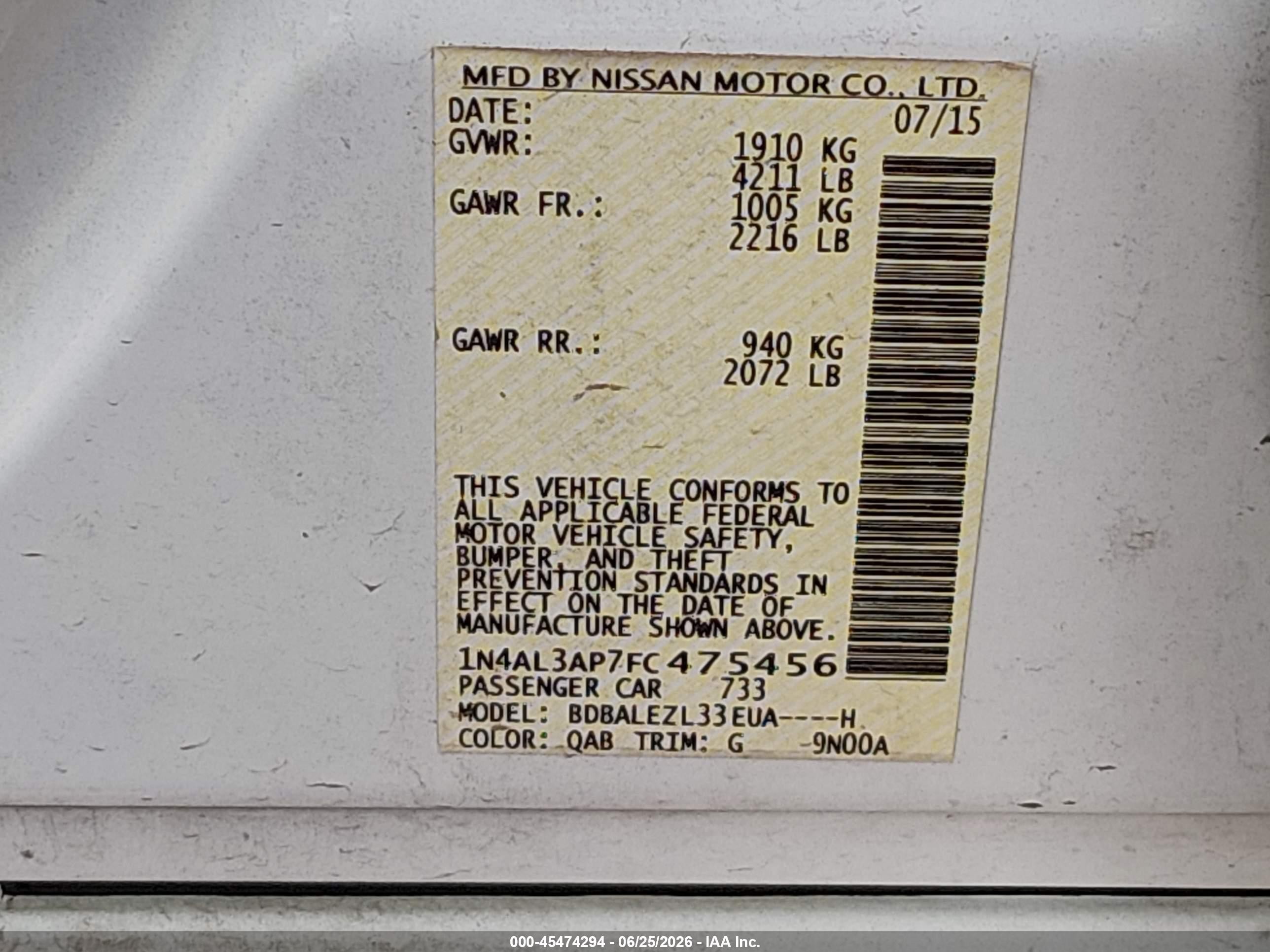 2015 Nissan Altima 2.5 S White vin: 1N4AL3AP7FC475456