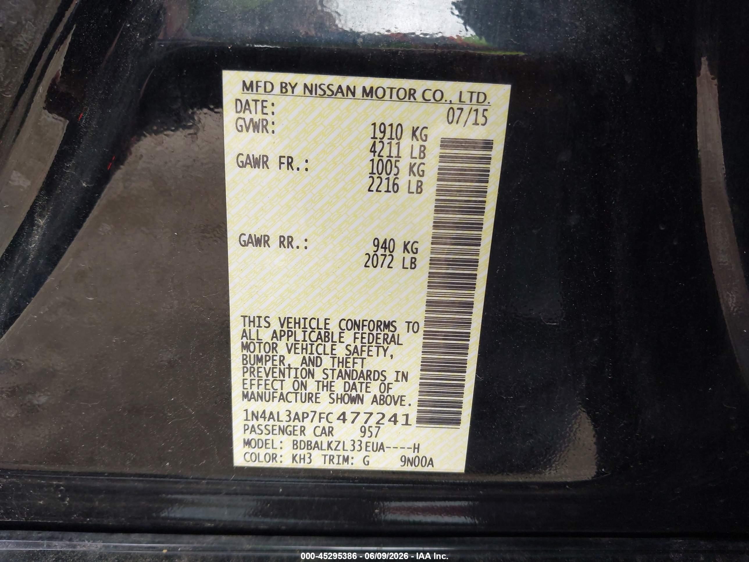 2015 Nissan Altima 2.5 Sv Black vin: 1N4AL3AP7FC477241