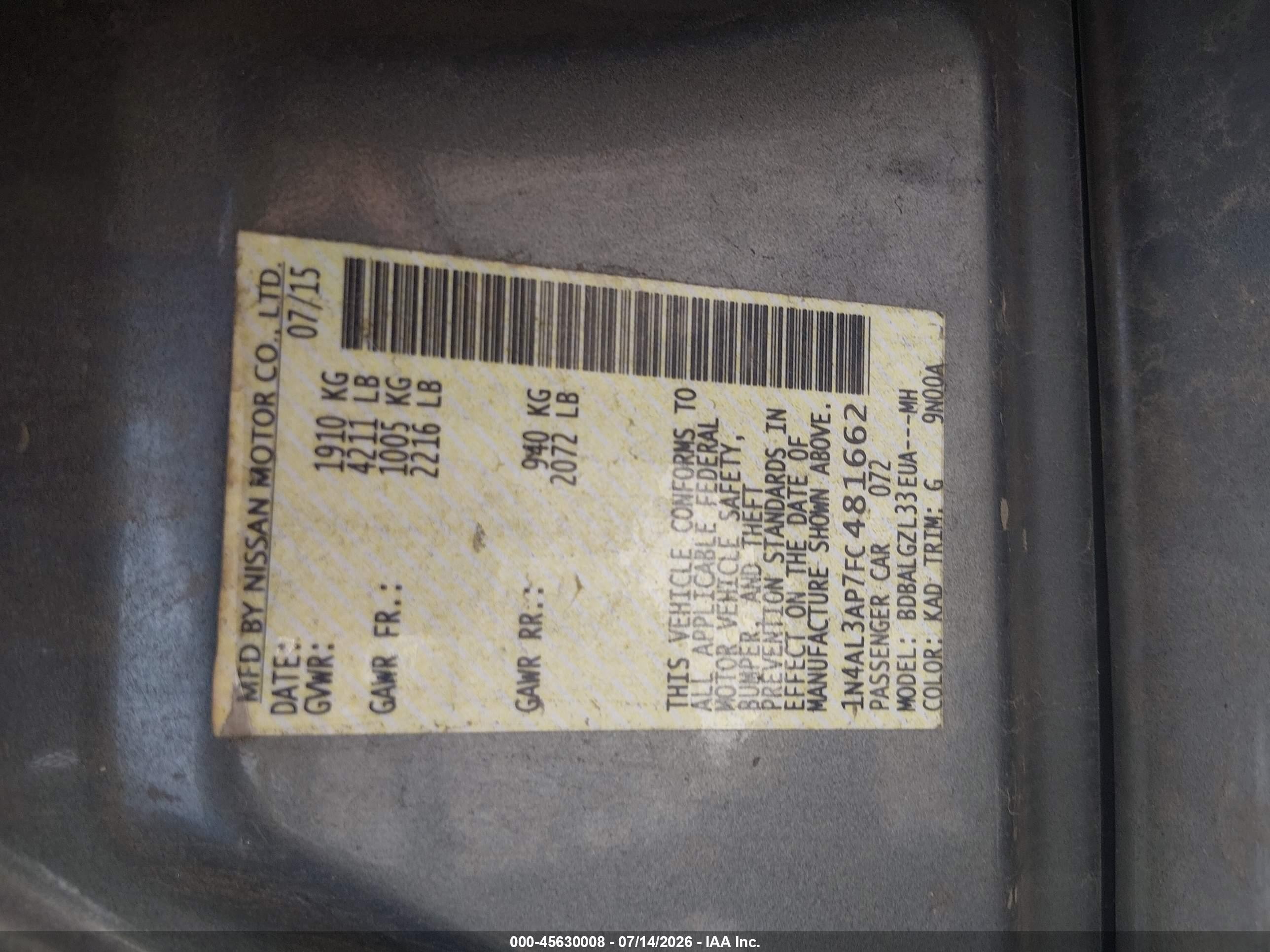 2015 Nissan Altima 2.5 S Серый vin: 1N4AL3AP7FC481662