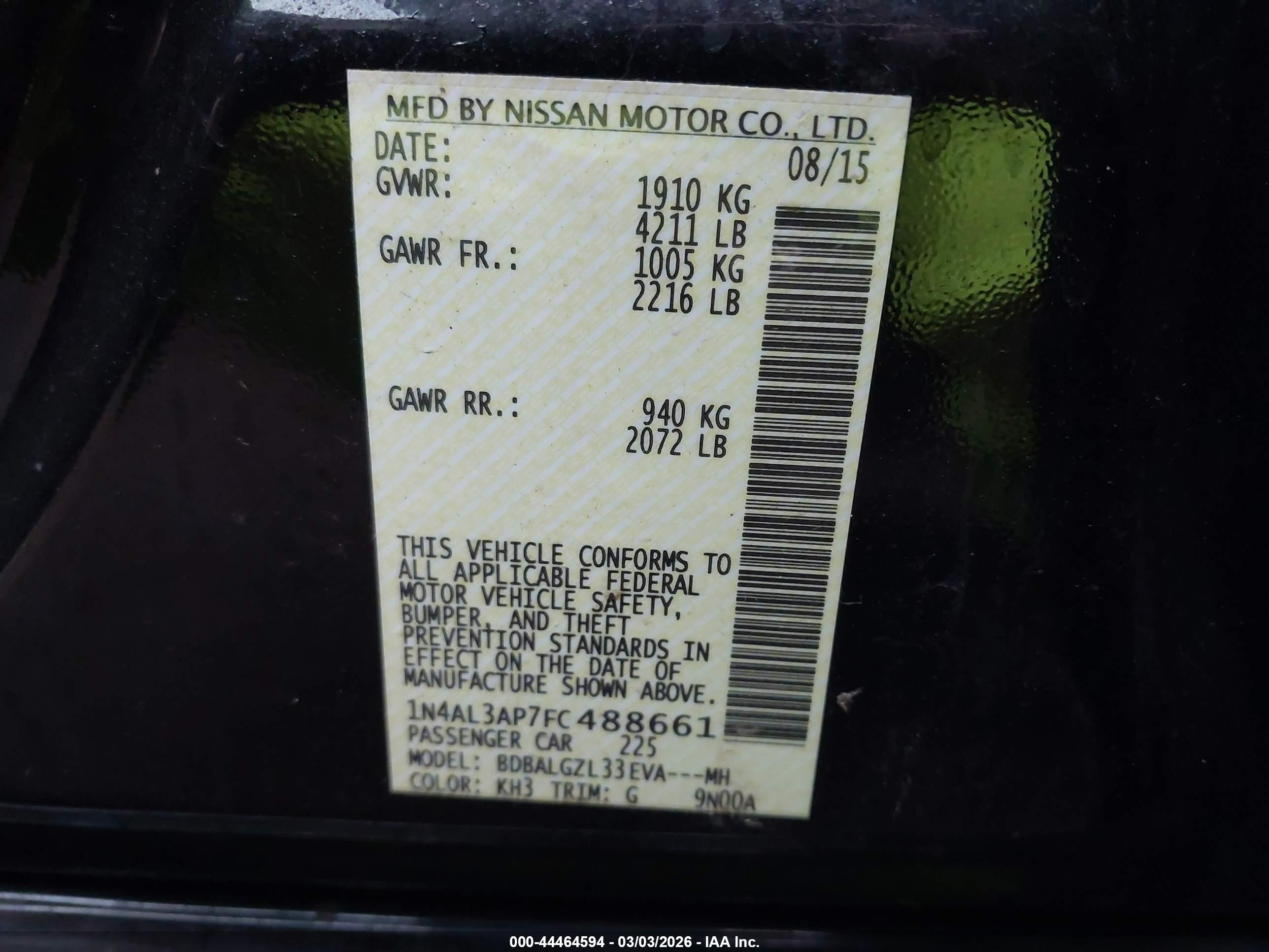 2015 Nissan Altima 2.5 S Black vin: 1N4AL3AP7FC488661