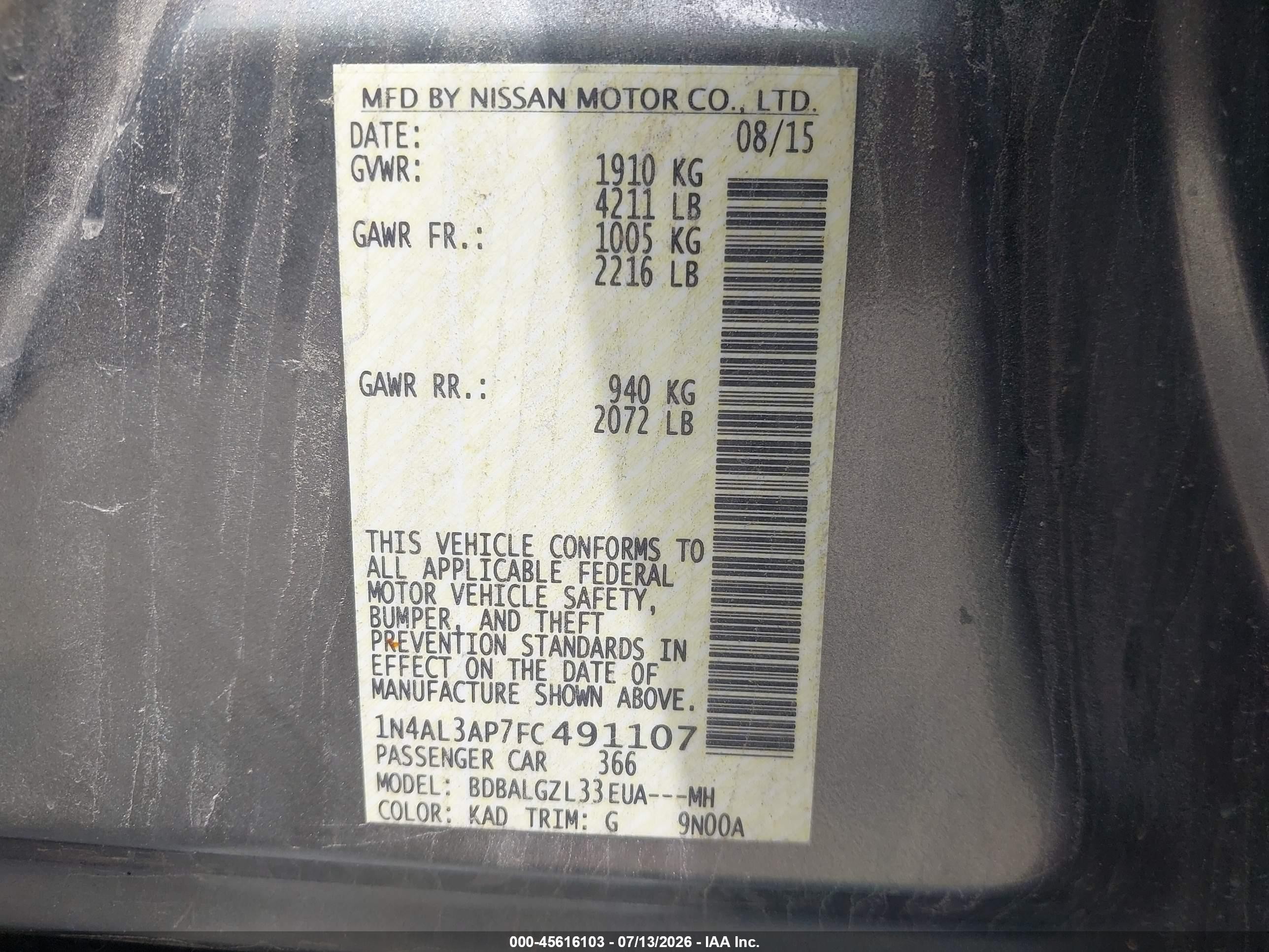 2015 Nissan Altima 2.5 S Gray vin: 1N4AL3AP7FC491107