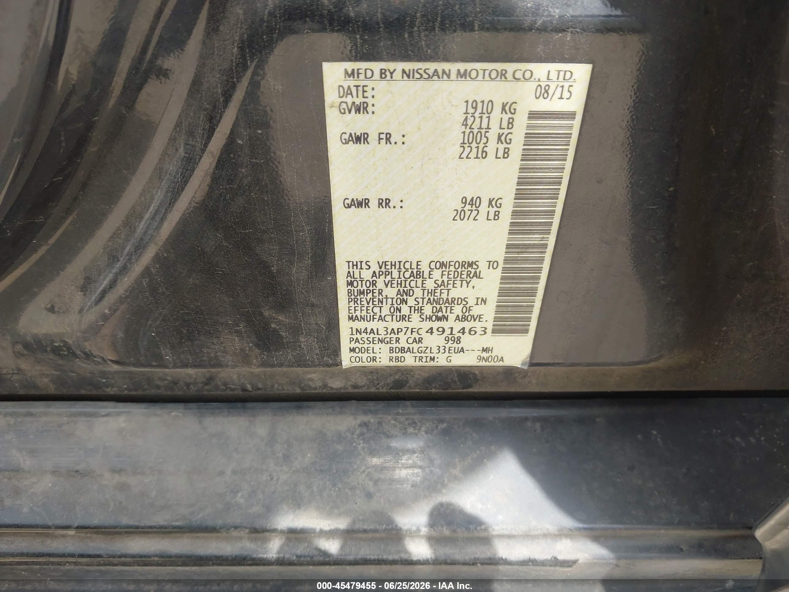 2015 Nissan Altima 2.5 S Black vin: 1N4AL3AP7FC491463