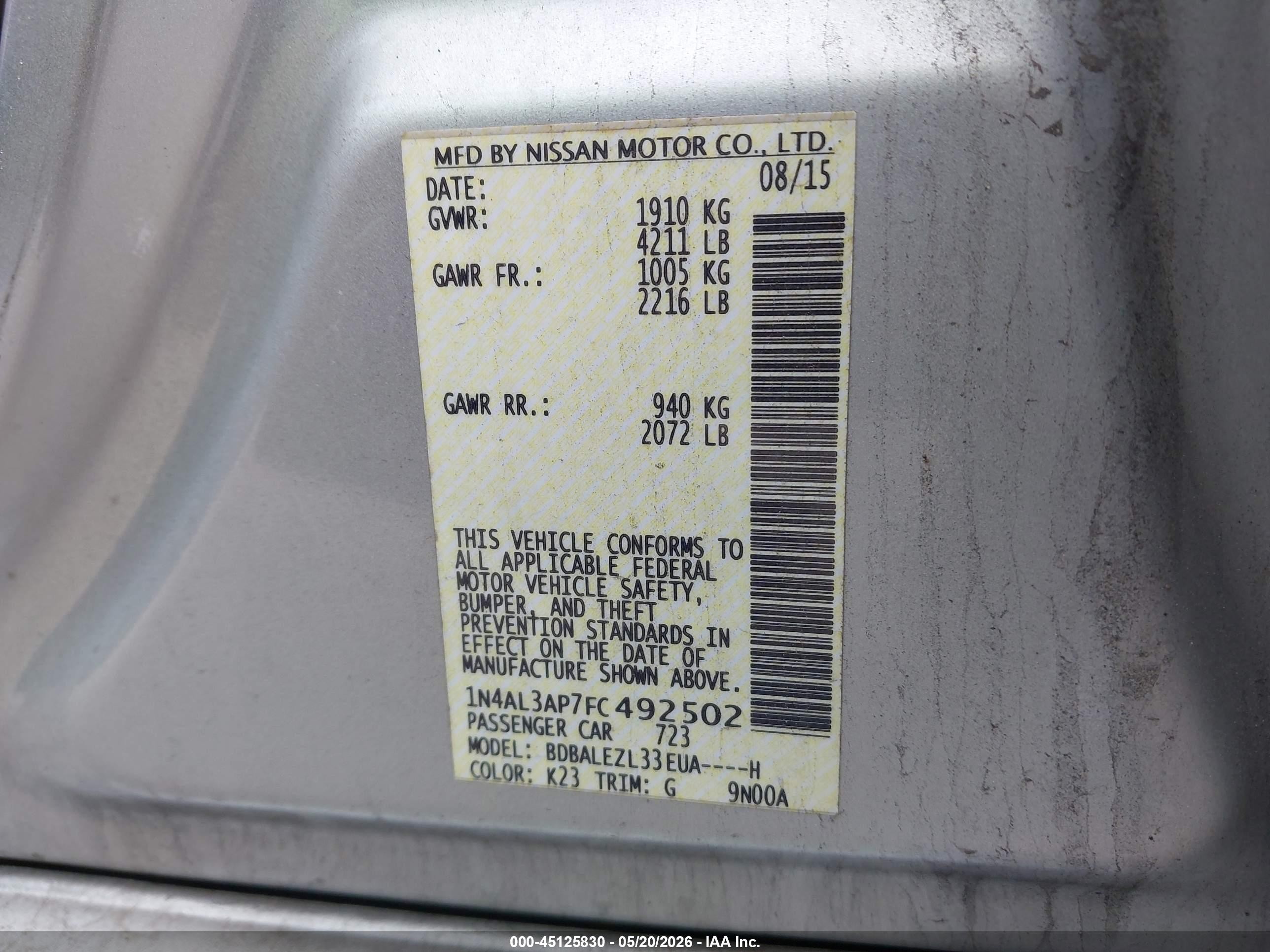2015 Nissan Altima 2.5 S Silver vin: 1N4AL3AP7FC492502