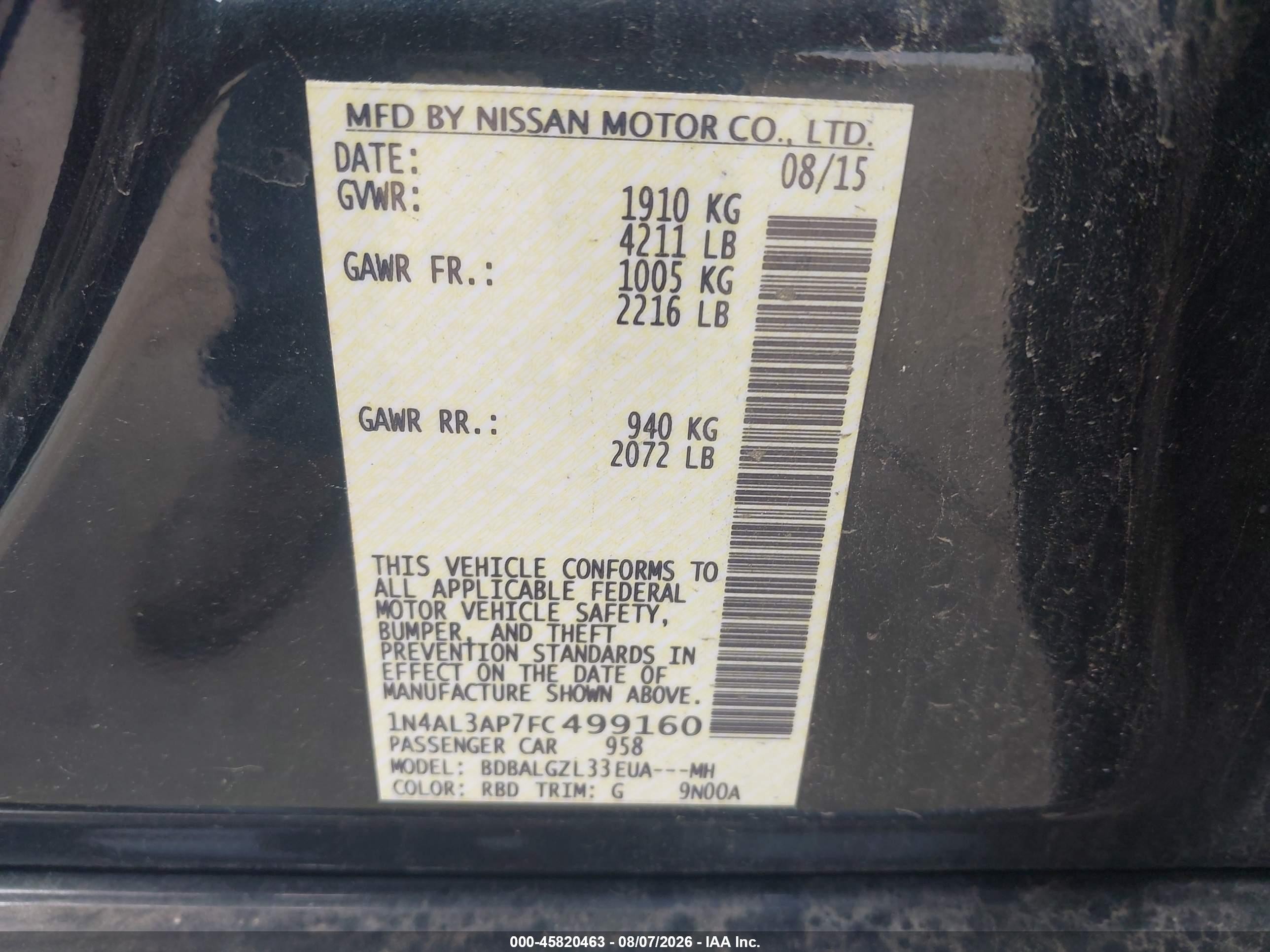 2015 Nissan Altima 2.5 S Black vin: 1N4AL3AP7FC499160