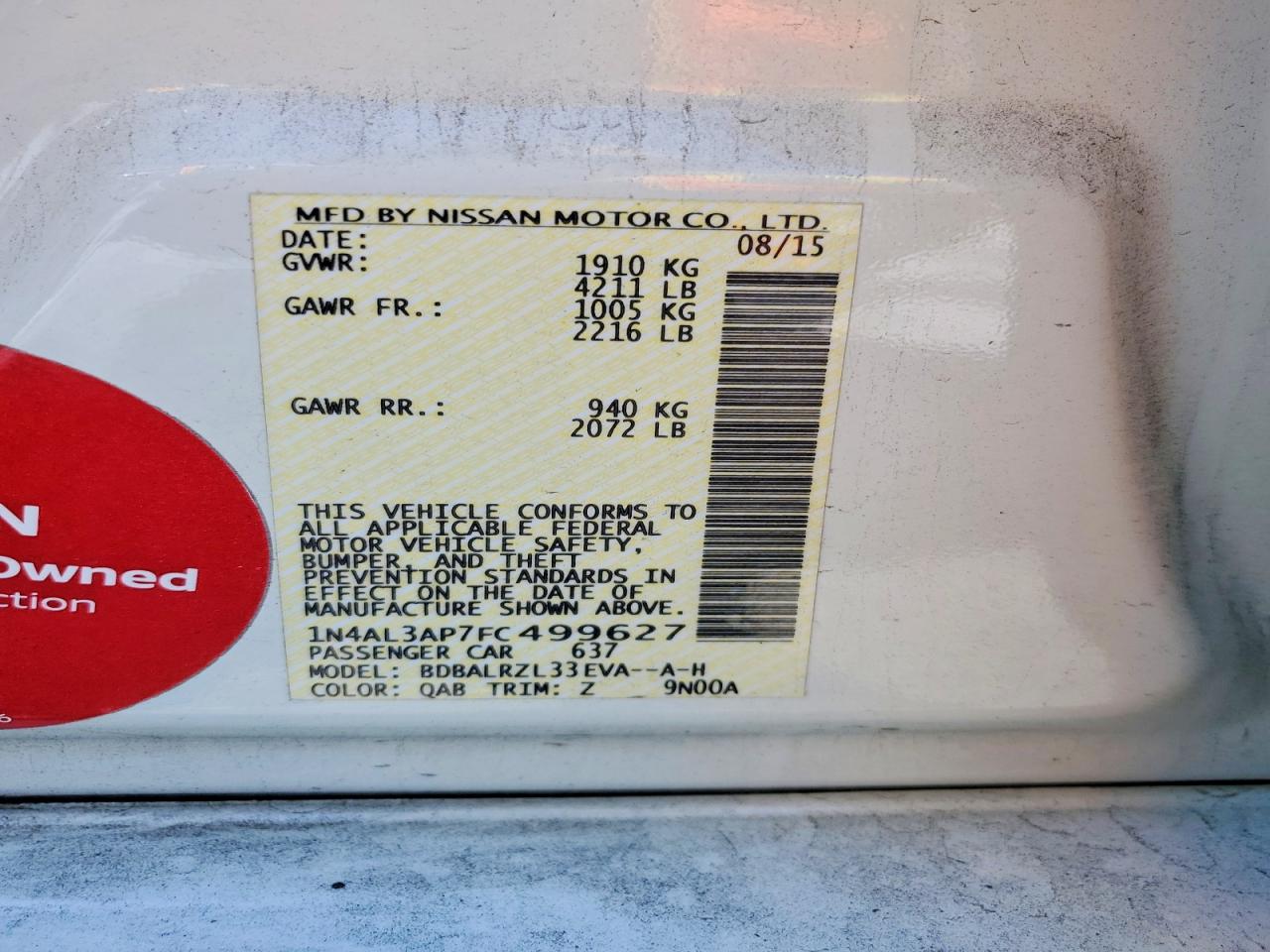 2015 Nissan Altima 2.5 Sl White vin: 1N4AL3AP7FC499627